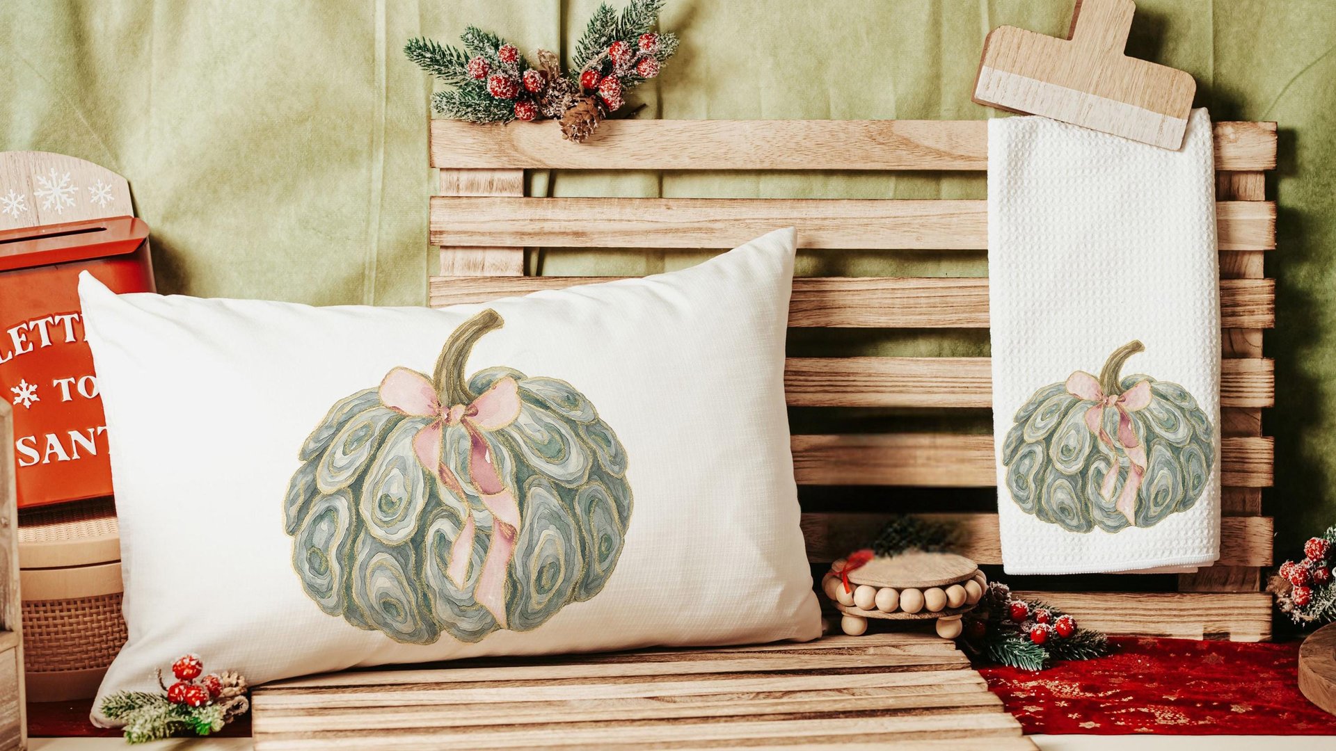 oyster shell pumpkin decorative pillows for breakfast nook, nautical pumpkins autumn kitchen towels, Thanksgiving hosting gift, fall coastal