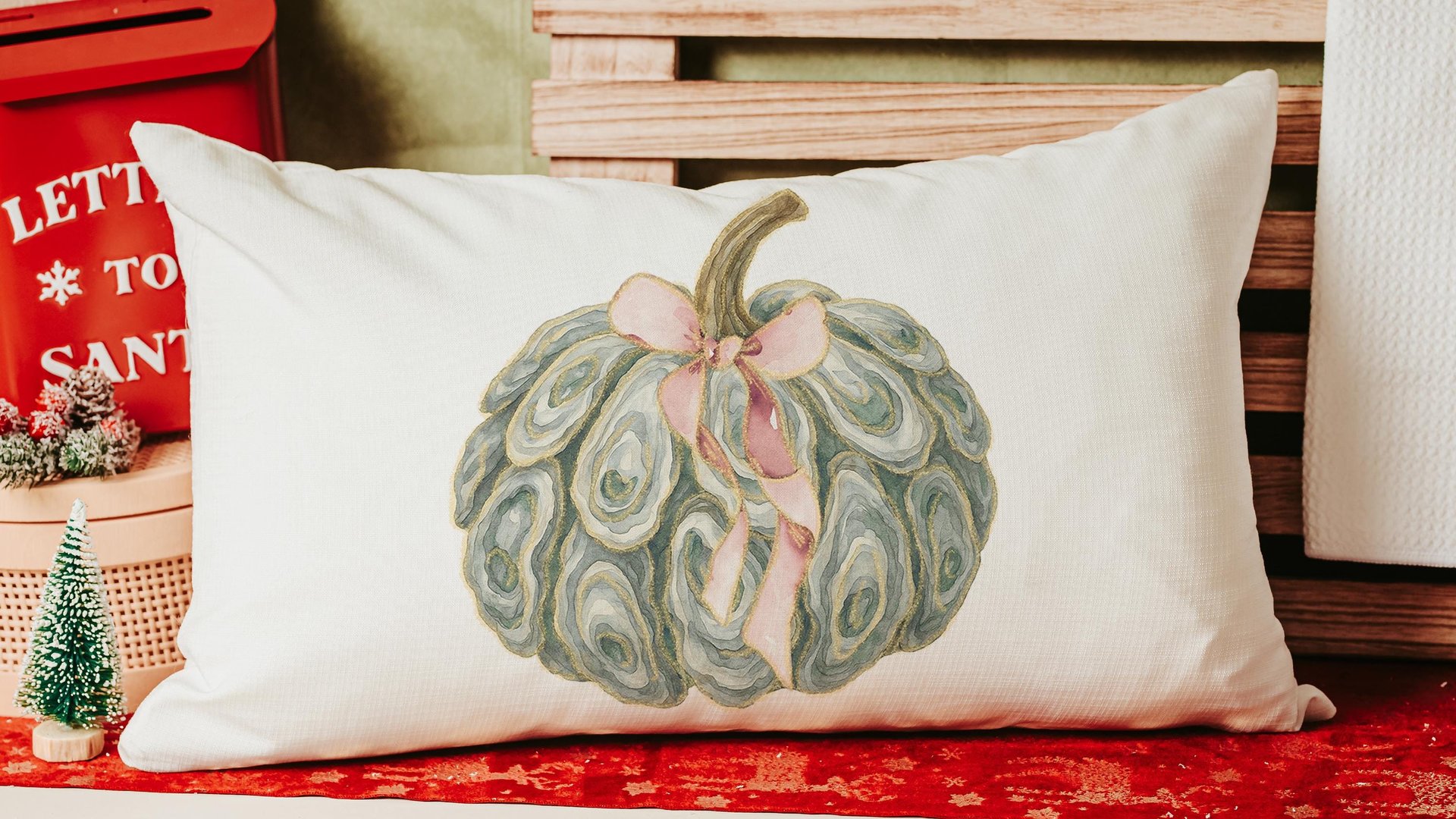 oyster shell pumpkin decorative pillows for breakfast nook, nautical pumpkins autumn kitchen towels, Thanksgiving hosting gift, fall coastal