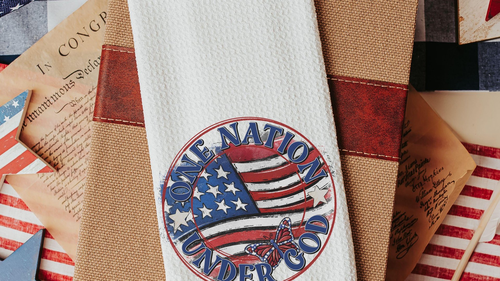 one nation under God American flag kitchen towel, 4th of July kitchen decor, patriotic decor for home, Pledge of Allegiance decor, hostess