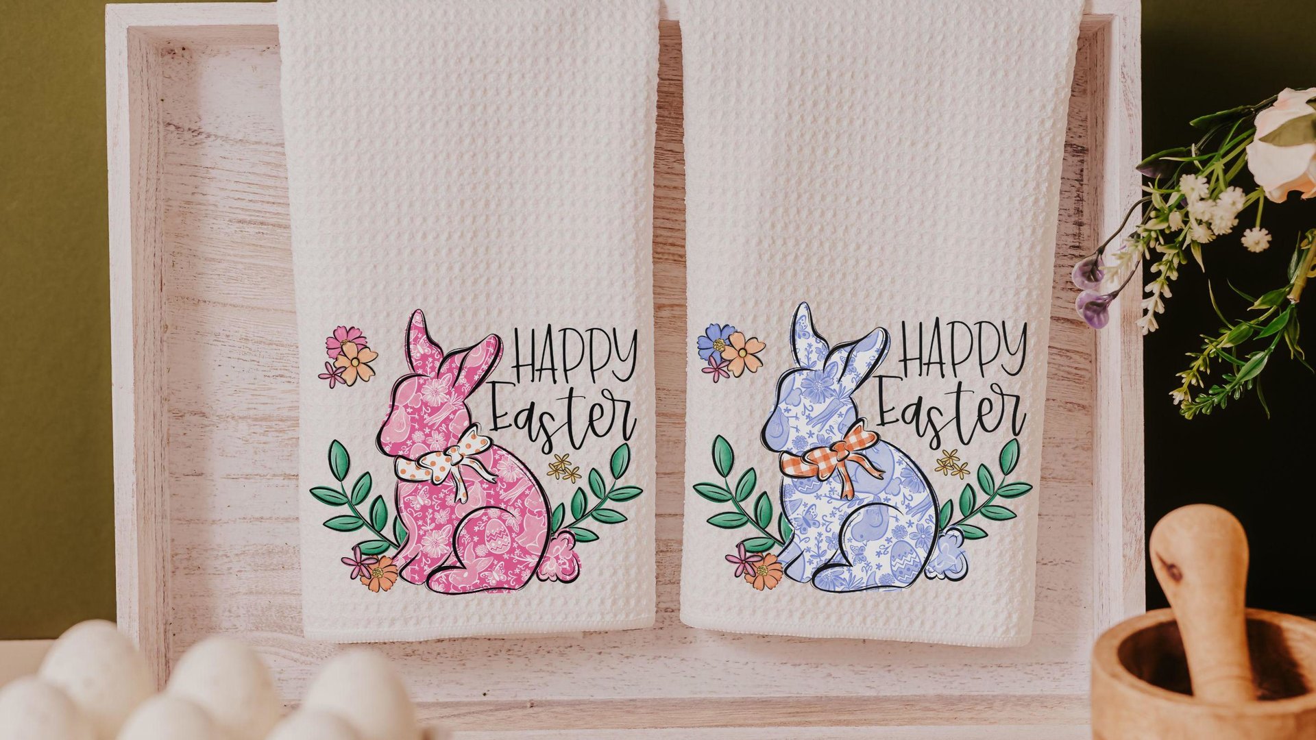 blue chinoiserie Easter bunny kitchen towel for Mom, pink toile de jouy Happy Easter hand towels for bathroom, grand millennial Easter tea