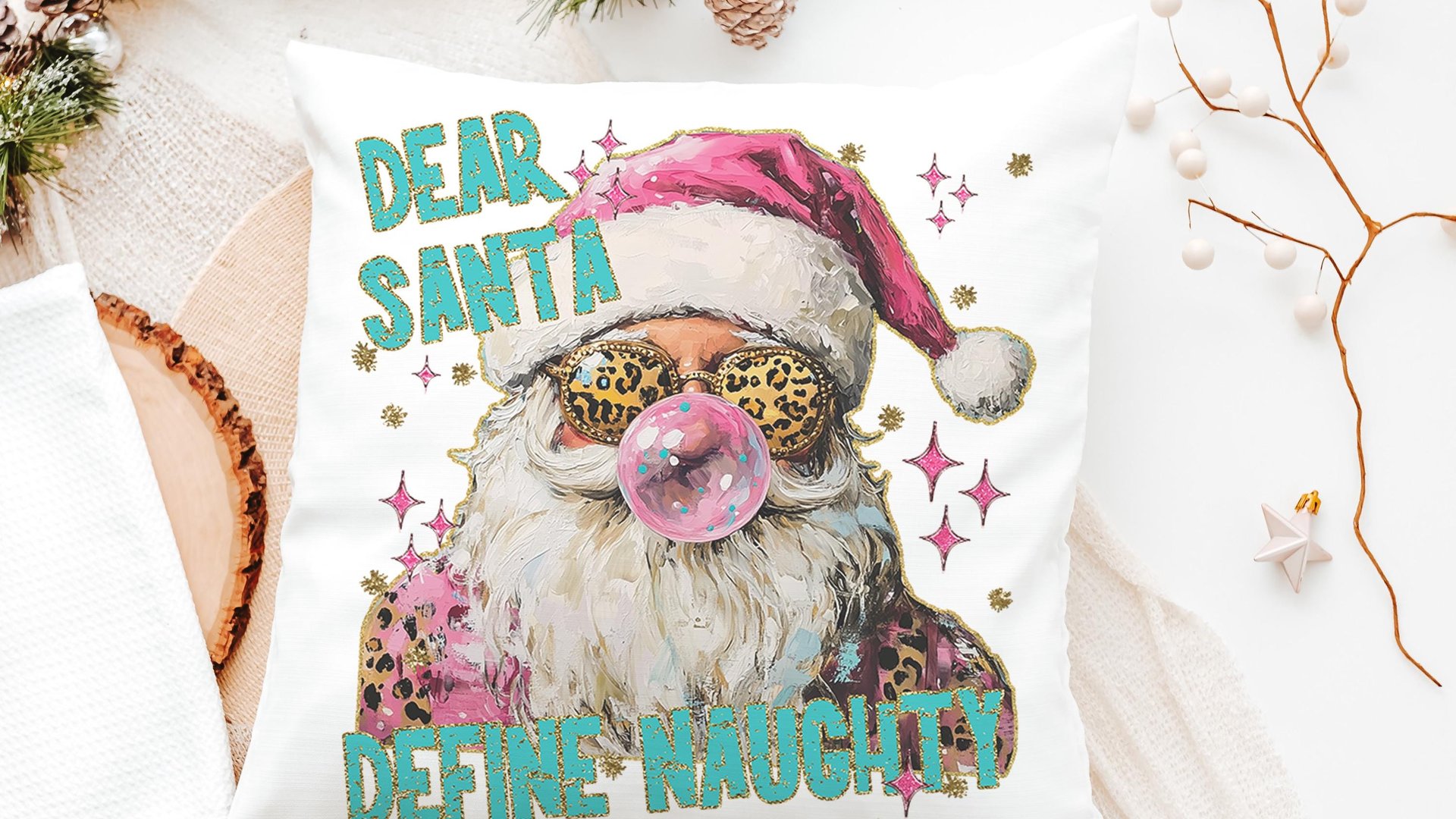 dear Santa define good define naughty pink Christmas throw pillows for couch, leopard print pillow Christmas gifts for new home, Santa Claus