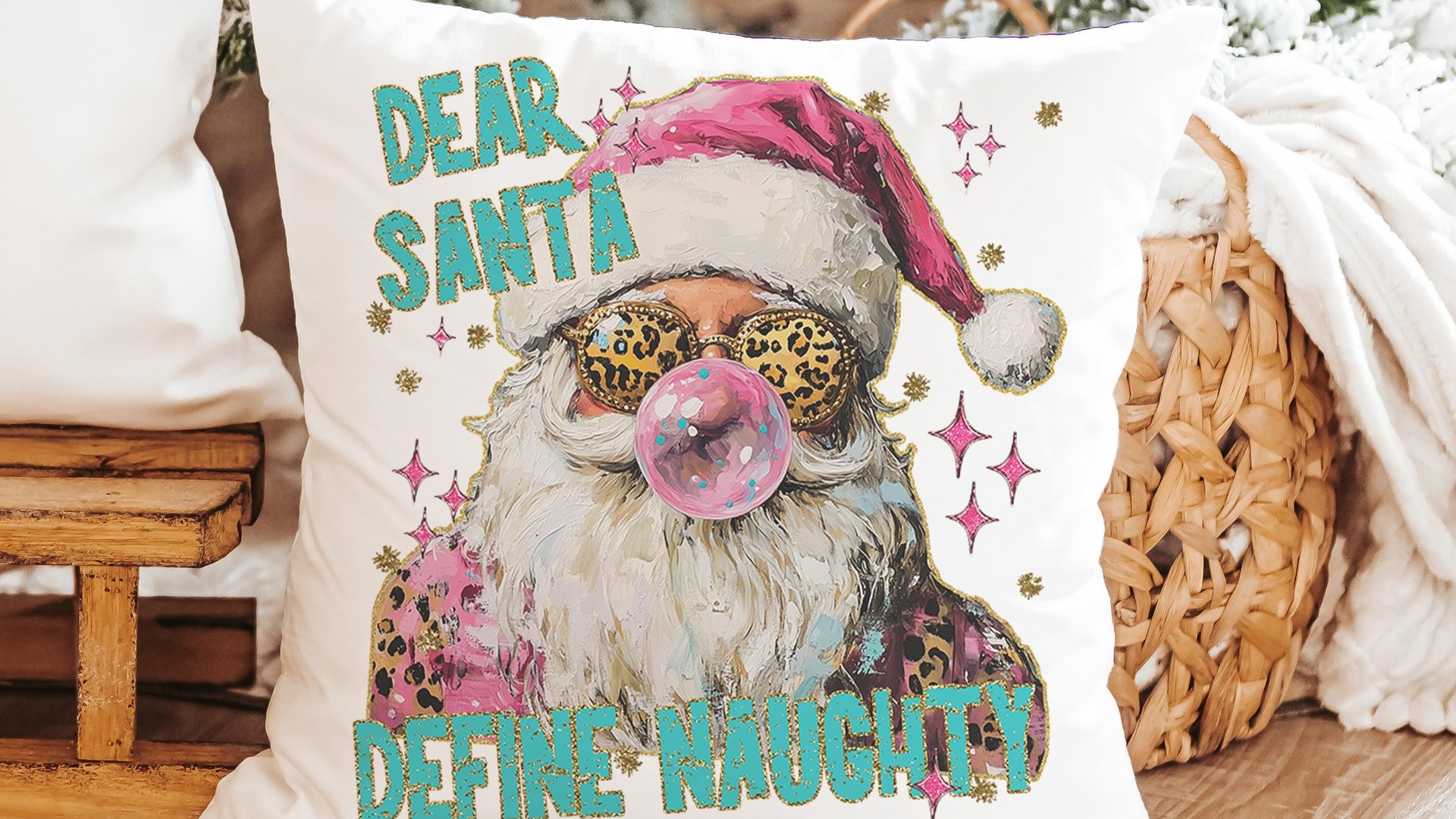 dear Santa define good define naughty pink Christmas throw pillows for couch, leopard print pillow Christmas gifts for new home, Santa Claus