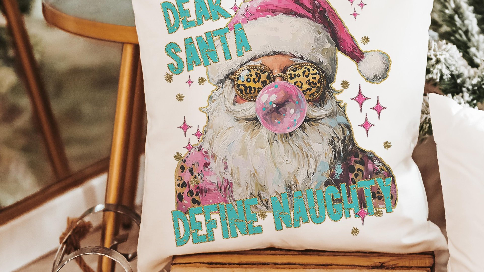 dear Santa define good define naughty pink Christmas throw pillows for couch, leopard print pillow Christmas gifts for new home, Santa Claus