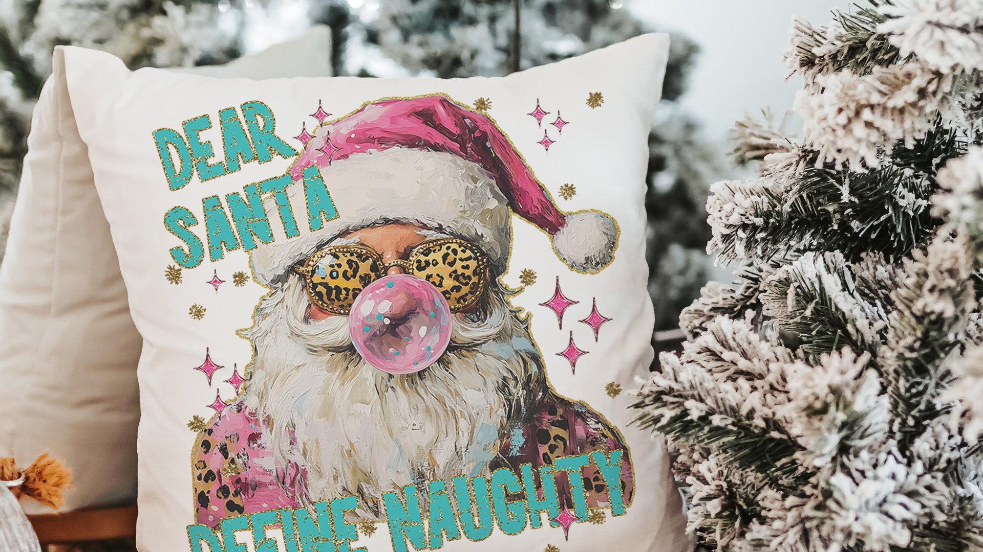 dear Santa define good define naughty pink Christmas throw pillows for couch, leopard print pillow Christmas gifts for new home, Santa Claus