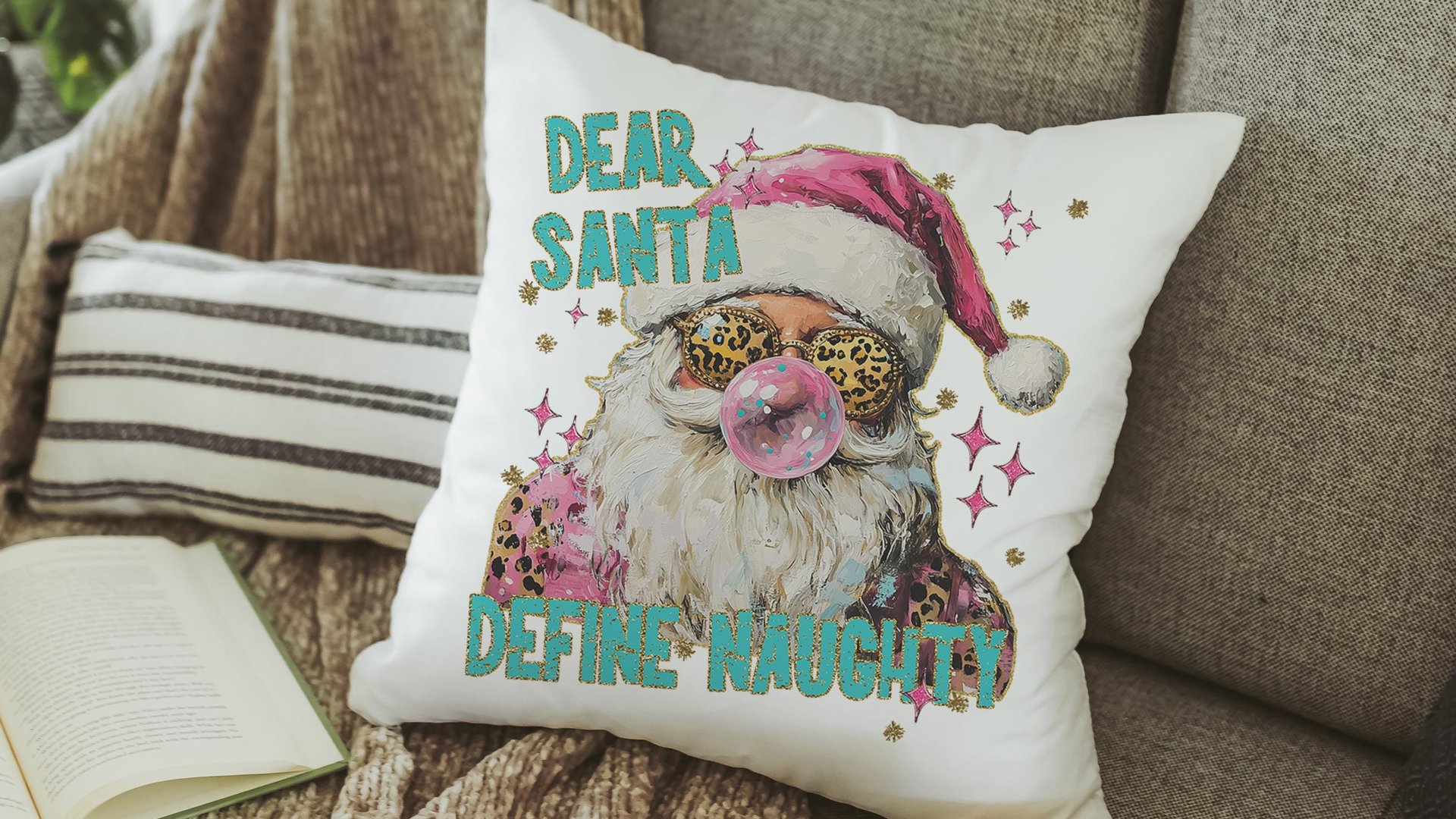 dear Santa define good define naughty pink Christmas throw pillows for couch, leopard print pillow Christmas gifts for new home, Santa Claus