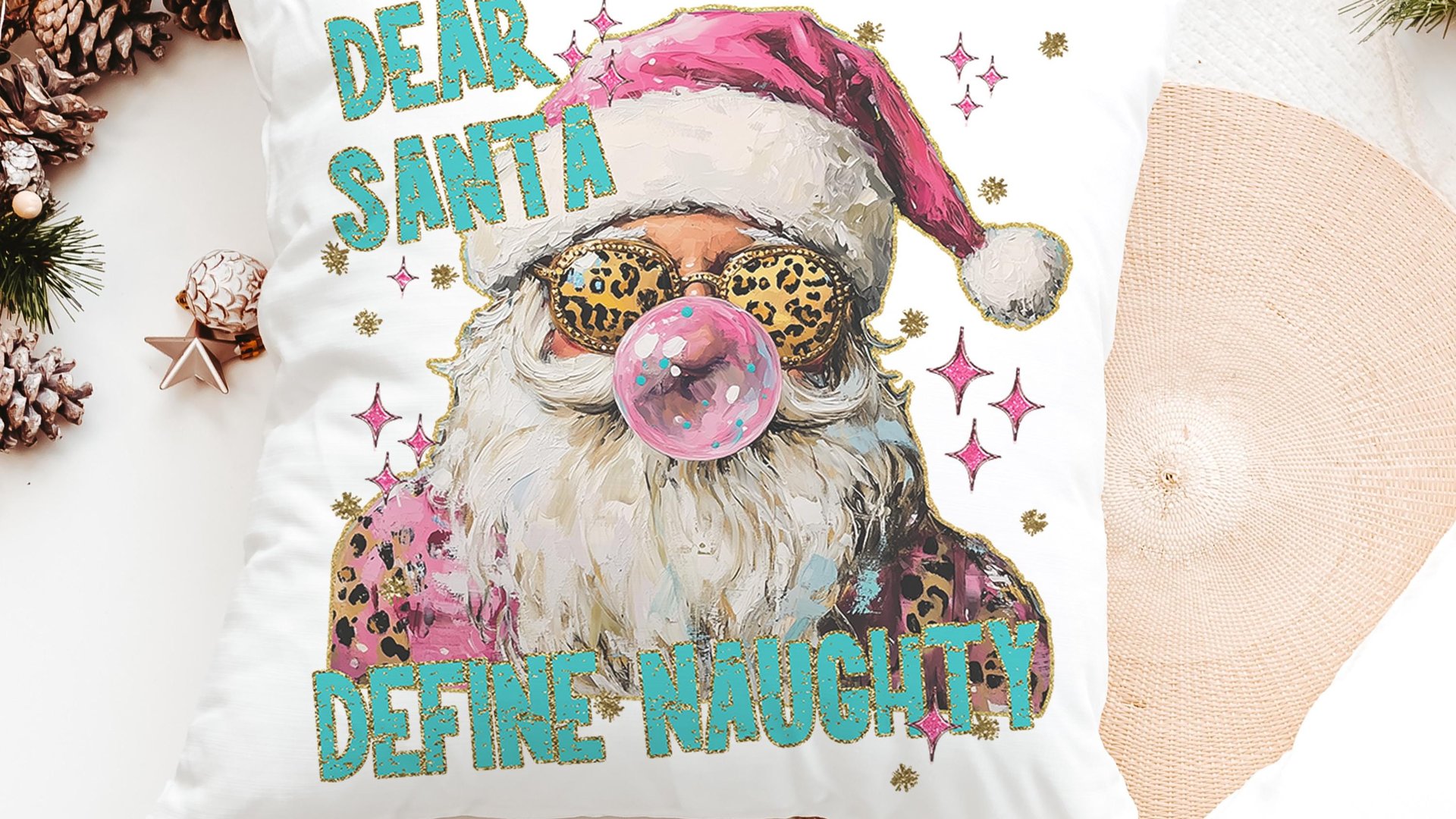 dear Santa define good define naughty pink Christmas throw pillows for couch, leopard print pillow Christmas gifts for new home, Santa Claus