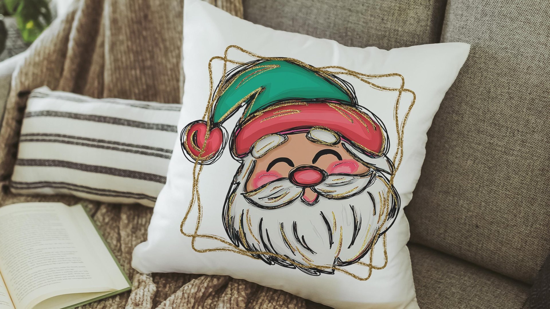 cute Santa face throw pillows for kids playroom, Santa Claus Christmas pillow cover 18x18, home decor gift for Christmas gifts for neighbors