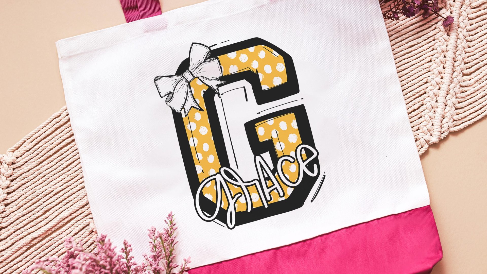 personalized gold coquette initial tote bag with name, school spirit gear, cheer tote bag for girls, college student gift, cheerleader gifts