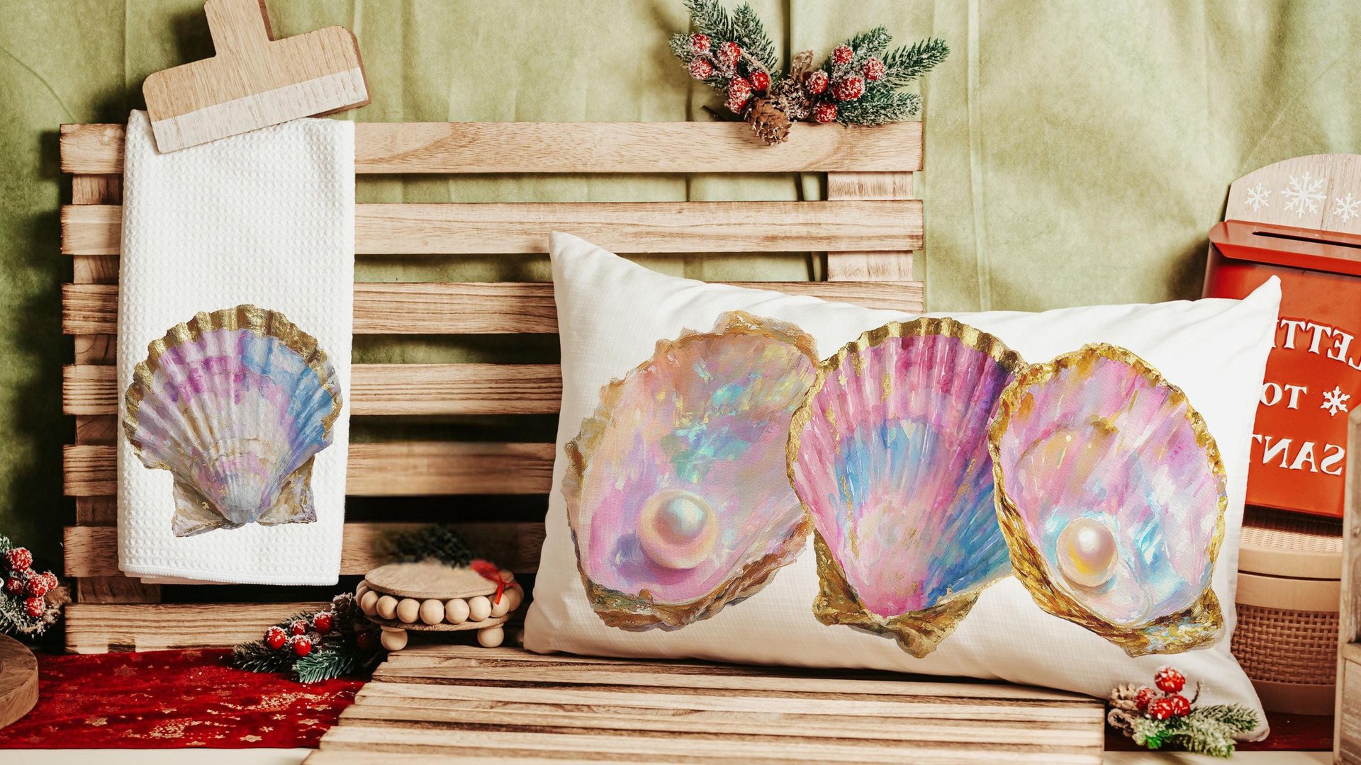 coastal kitchen towels for daughter, opalite pearl oyster hand towels for bathroom beach Christmas gifts for new homeowners, nautical decor