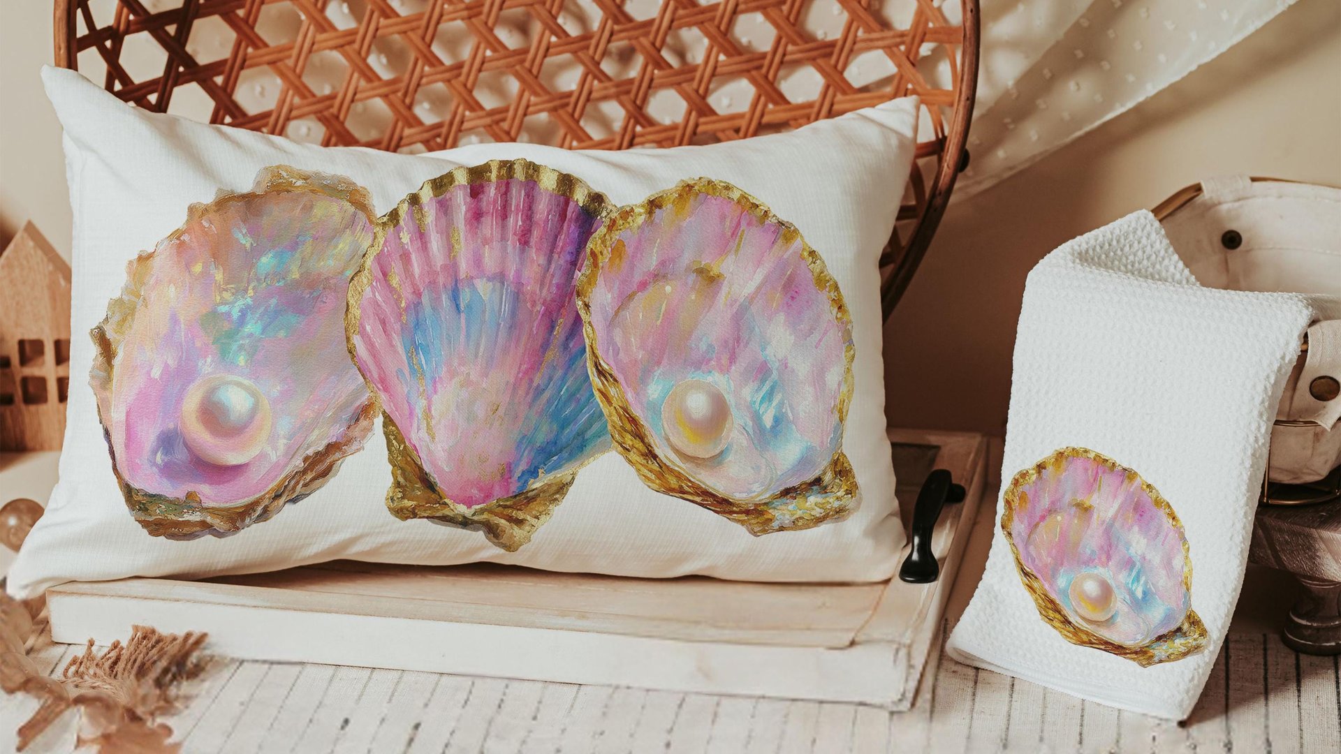 coastal kitchen towels for daughter, opalite pearl oyster hand towels for bathroom beach Christmas gifts for new homeowners, nautical decor