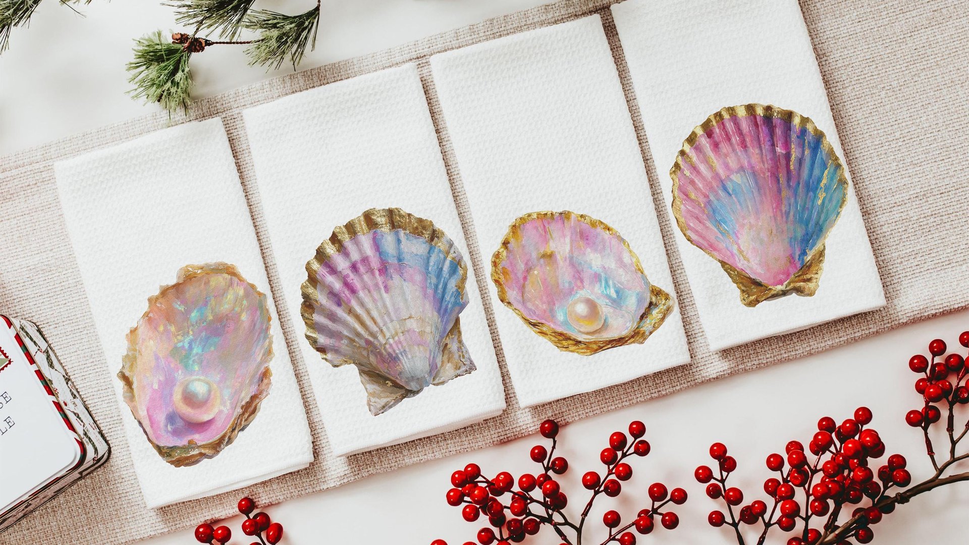 coastal kitchen towels for daughter, opalite pearl oyster hand towels for bathroom beach Christmas gifts for new homeowners, nautical decor