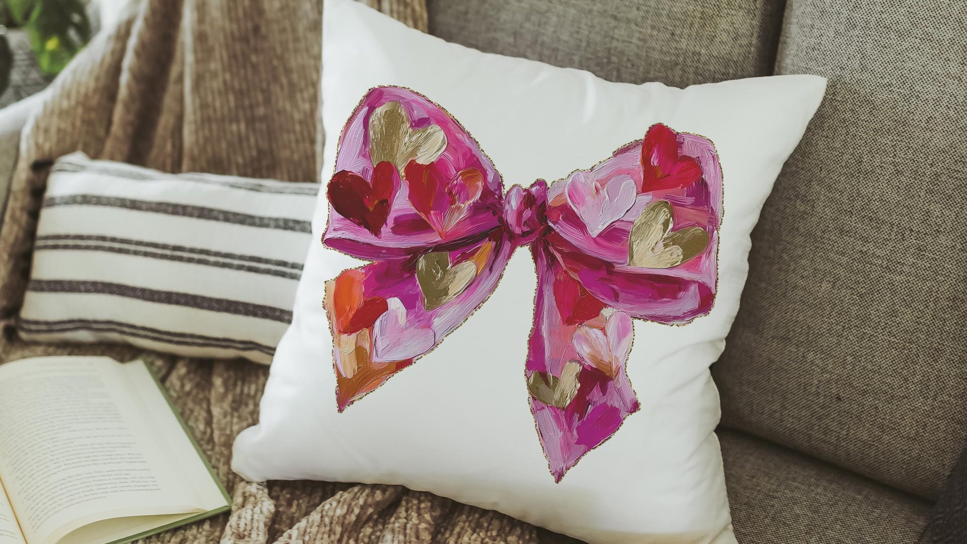 faux painted Valentines bow throw pillows for couch red heart Valentines coquette decorative pillows for girls room, Valentines day gifts