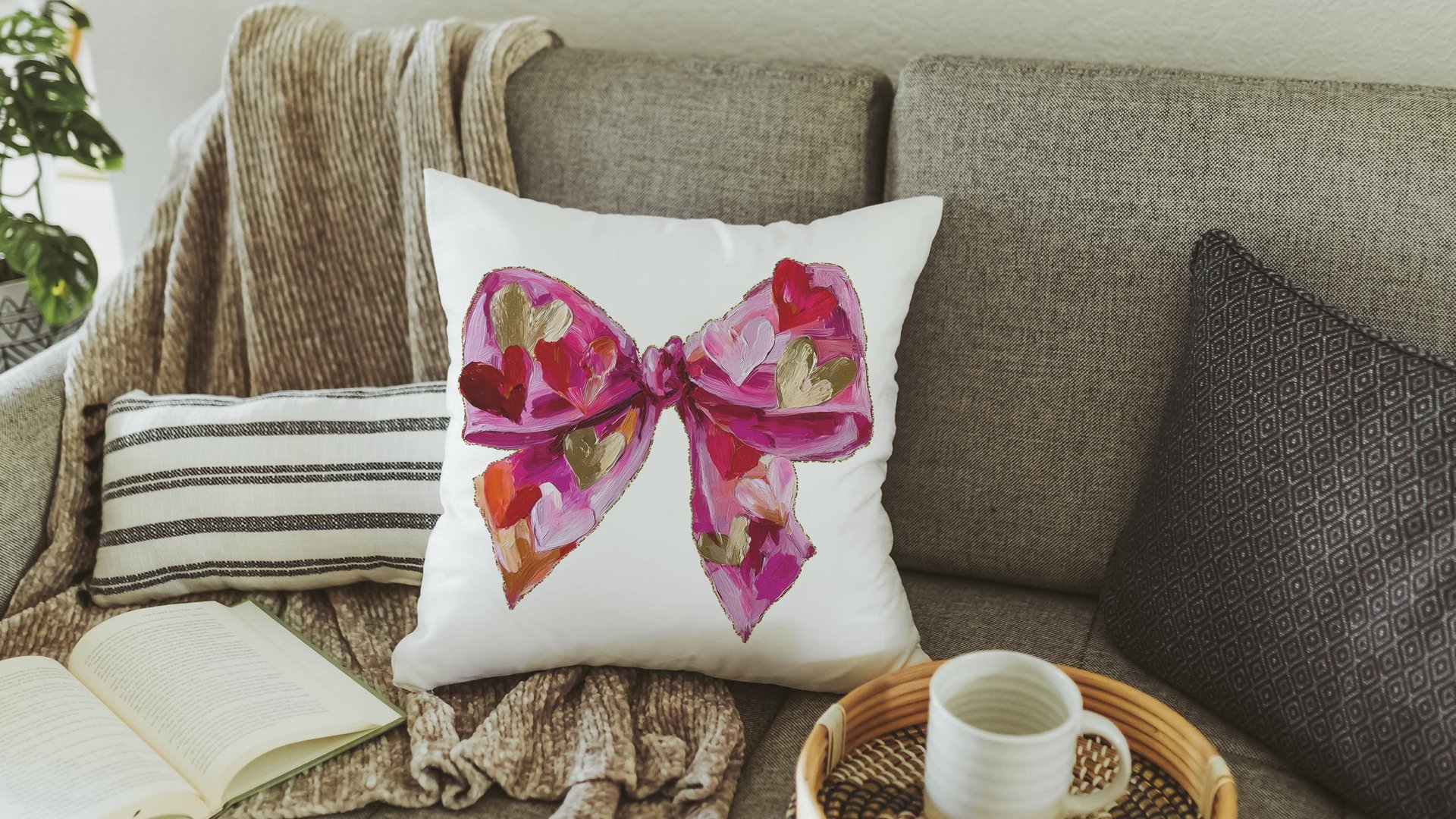 faux painted Valentines bow throw pillows for couch red heart Valentines coquette decorative pillows for girls room, Valentines day gifts