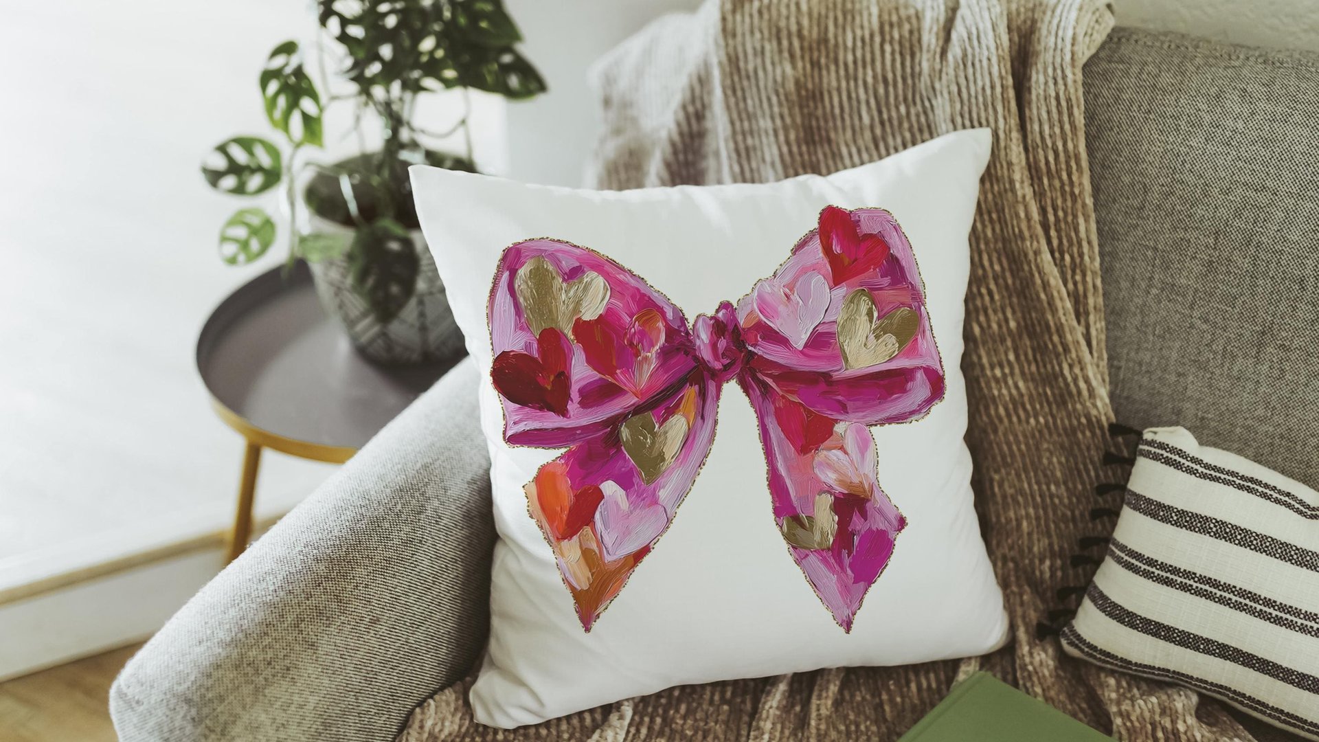 faux painted Valentines bow throw pillows for couch red heart Valentines coquette decorative pillows for girls room, Valentines day gifts