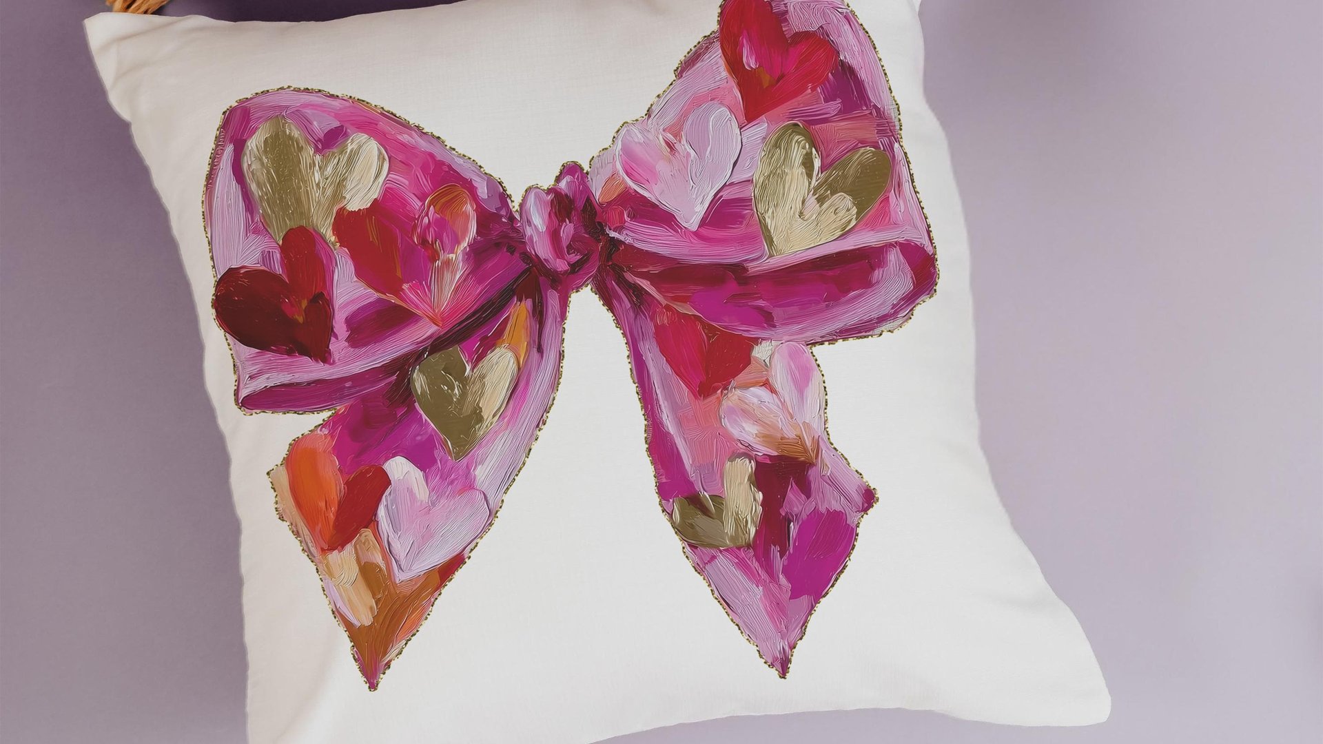 faux painted Valentines bow throw pillows for couch red heart Valentines coquette decorative pillows for girls room, Valentines day gifts