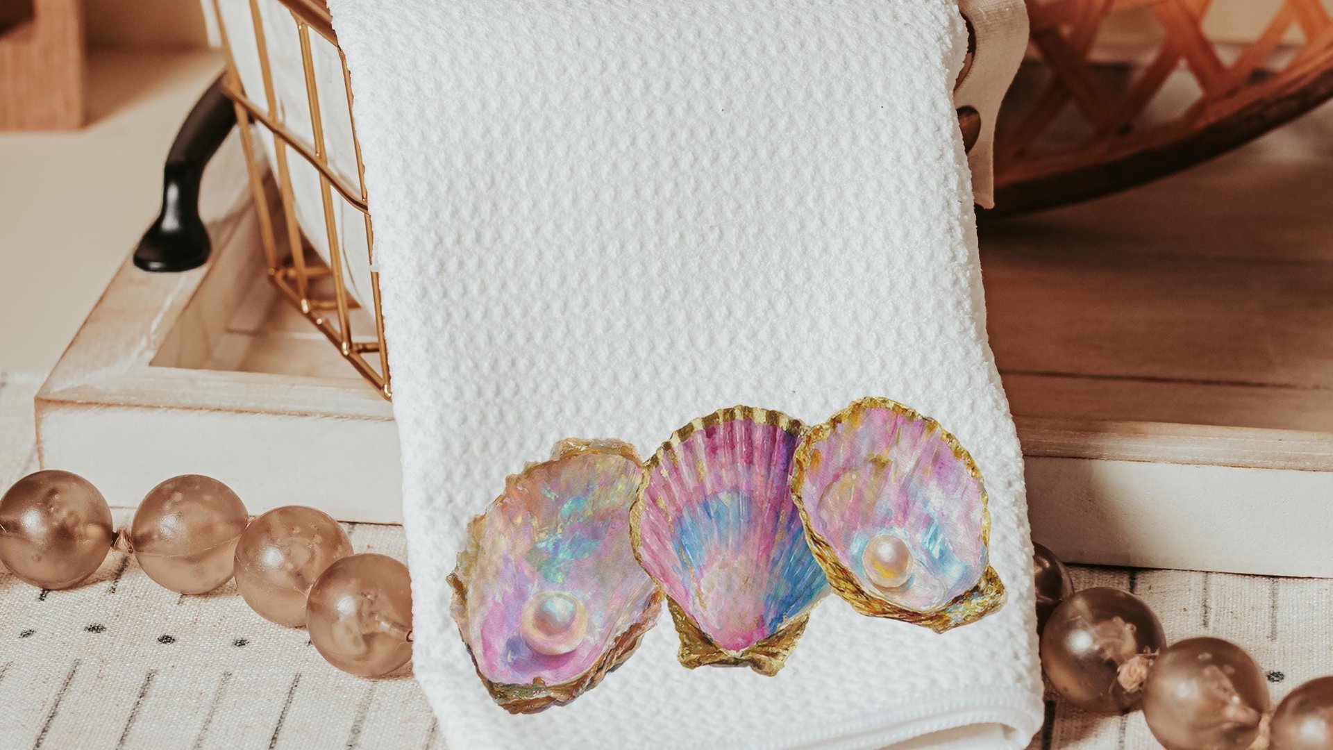 opalite pearl oyster hand towels for bathroom beach Christmas gifts for beach lovers, coastal kitchen towels for Mom, nautical decor home