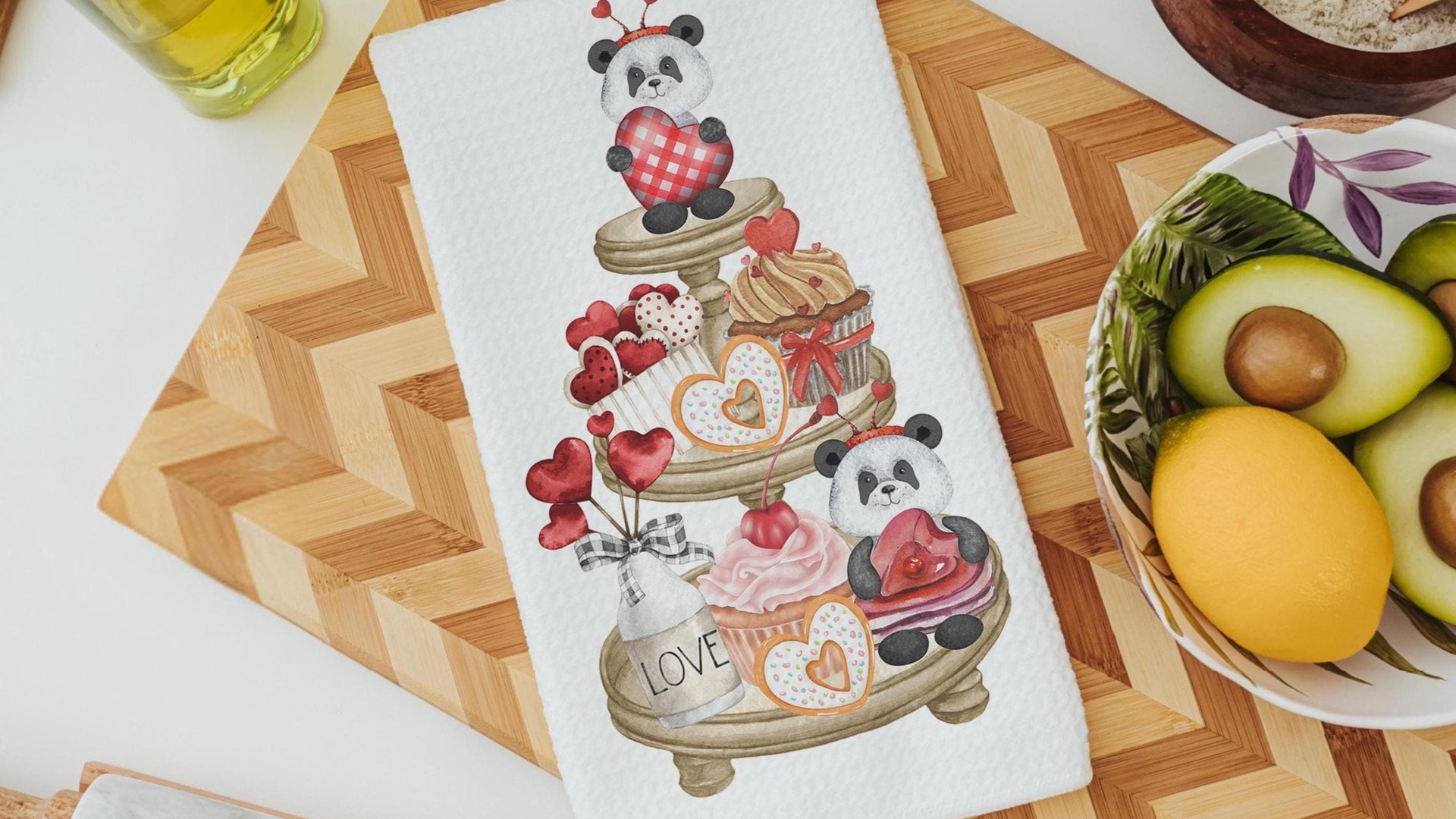 cute panda bear Valentines Day dish towel, home decor gift kitchen towels for Valentines panda hand towels for couples, Galentines Day gifts