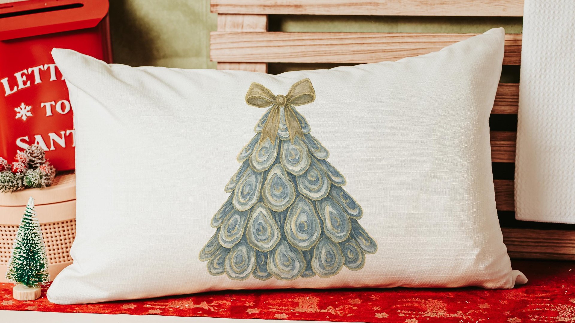 oyster shell Christmas tree throw pillows for couch, coastal Christmas kitchen towels for winter, oyster Christmas gifts for neighbors, best