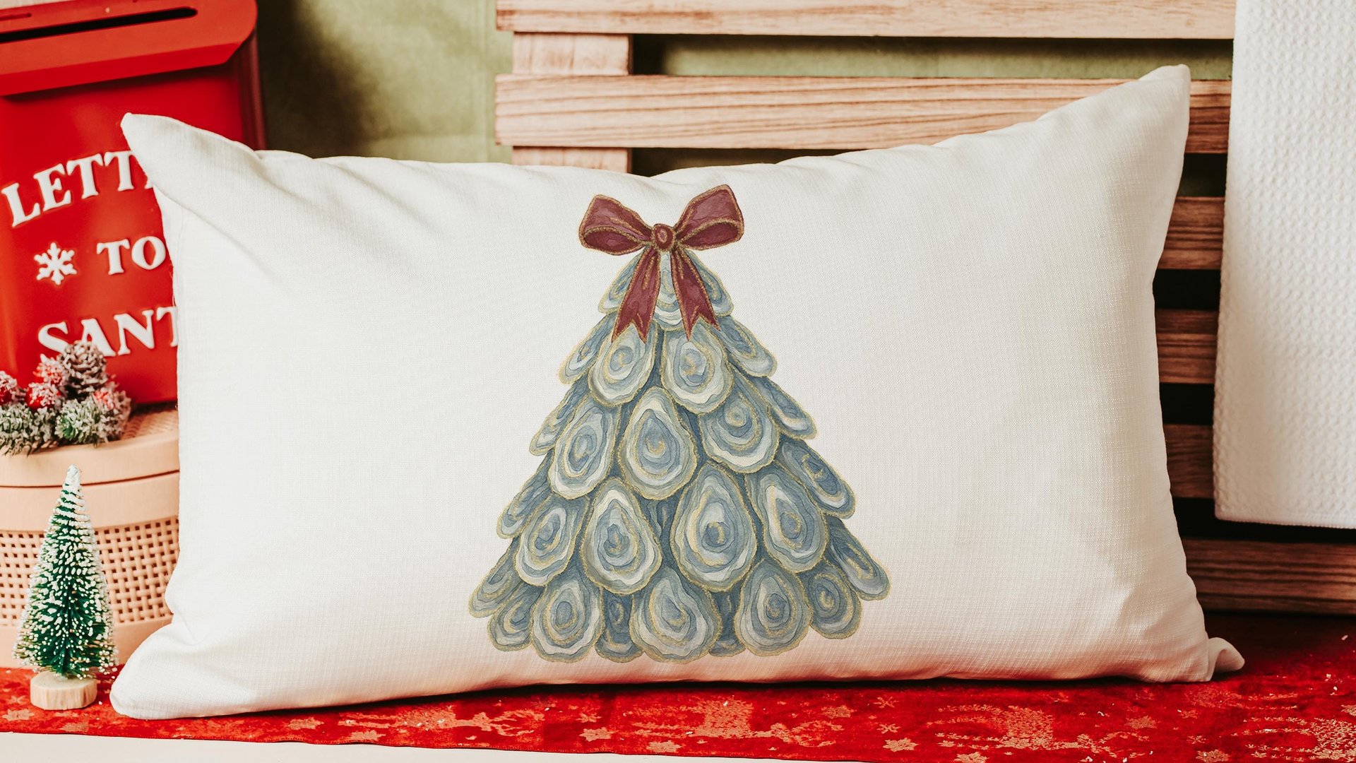 oyster shell Christmas tree throw pillows for couch, coastal Christmas kitchen towels for winter, oyster Christmas gifts for neighbors, best