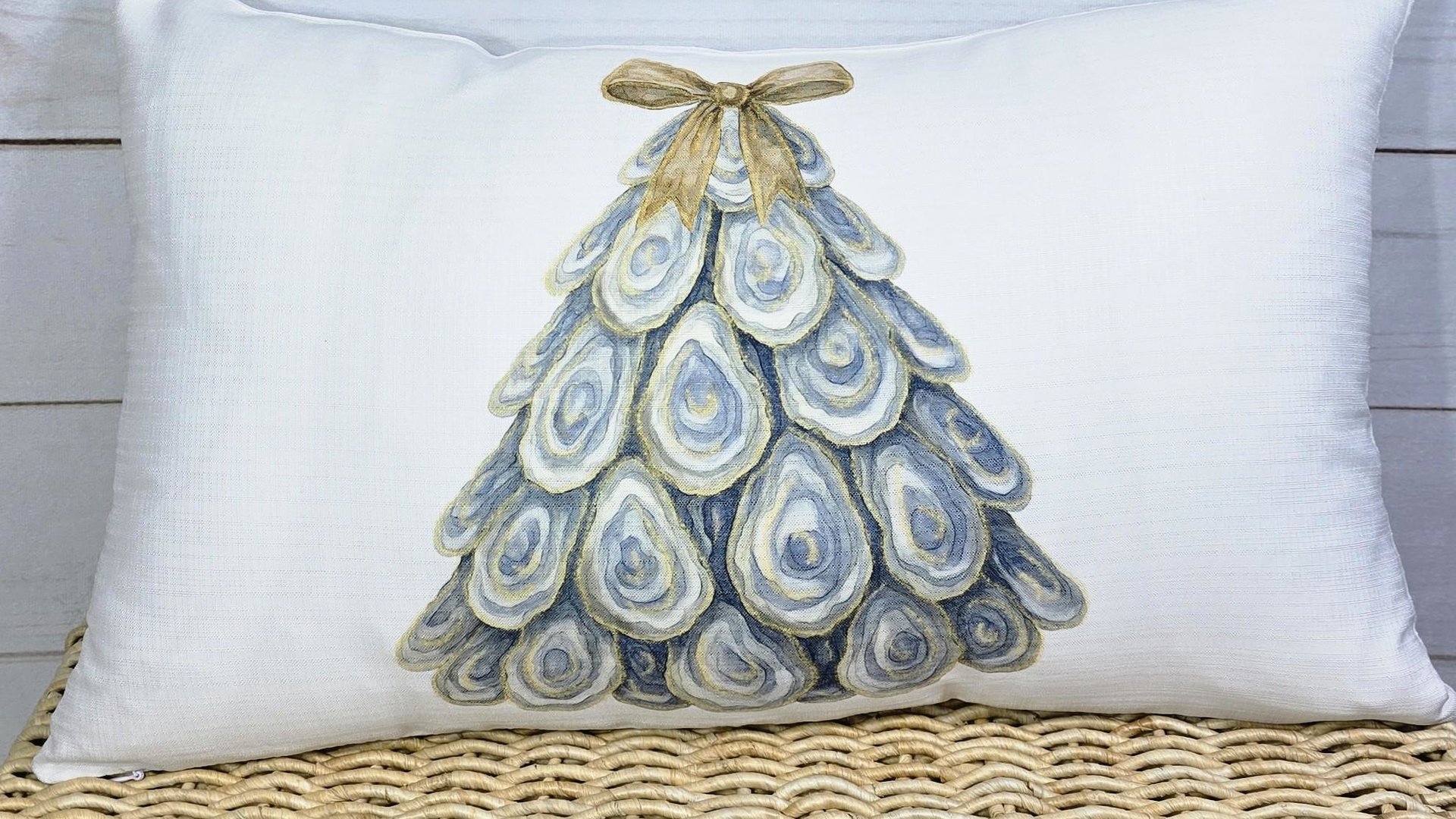 oyster shell Christmas tree throw pillows for couch, coastal Christmas kitchen towels for winter, oyster Christmas gifts for neighbors, best