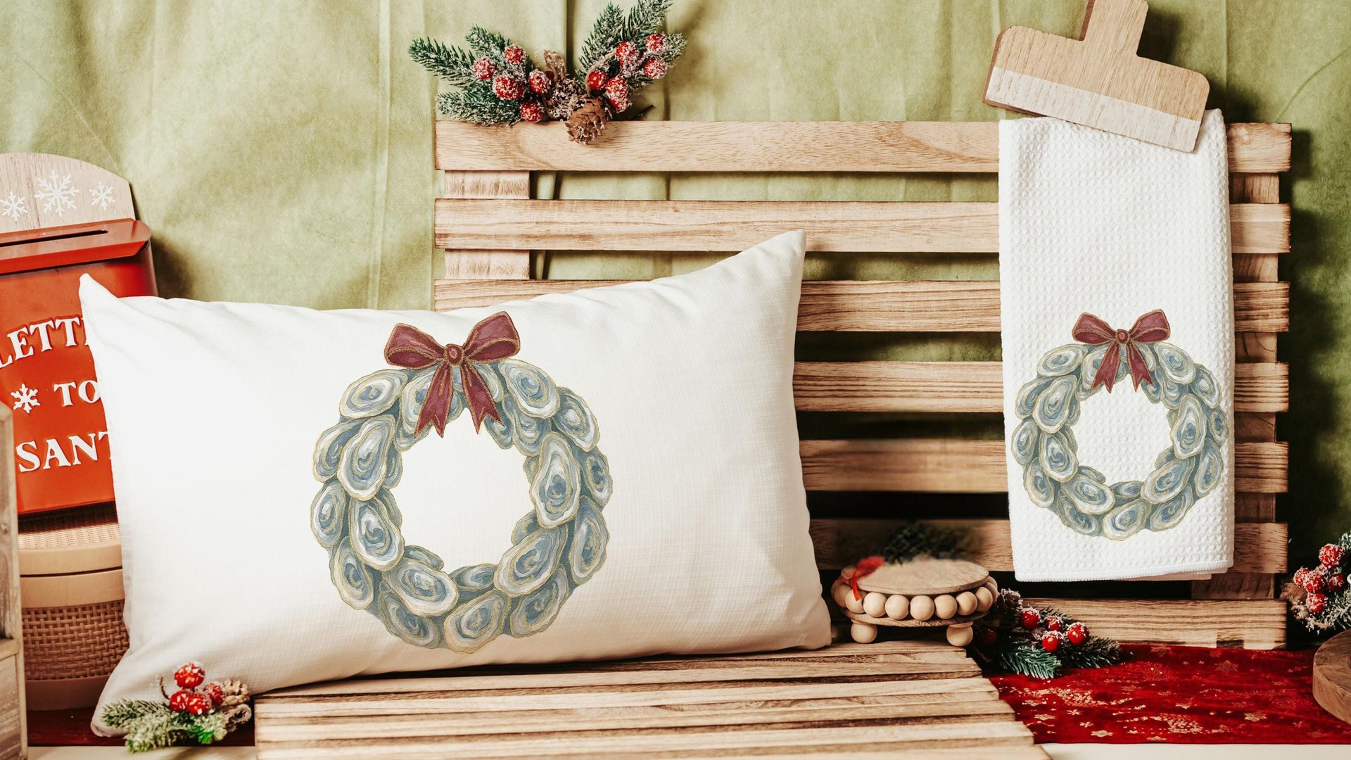 oyster shell Christmas wreath lumbar throw pillows for chairs winter designs, oyster Christmas decorative pillows for couch, beach Christmas
