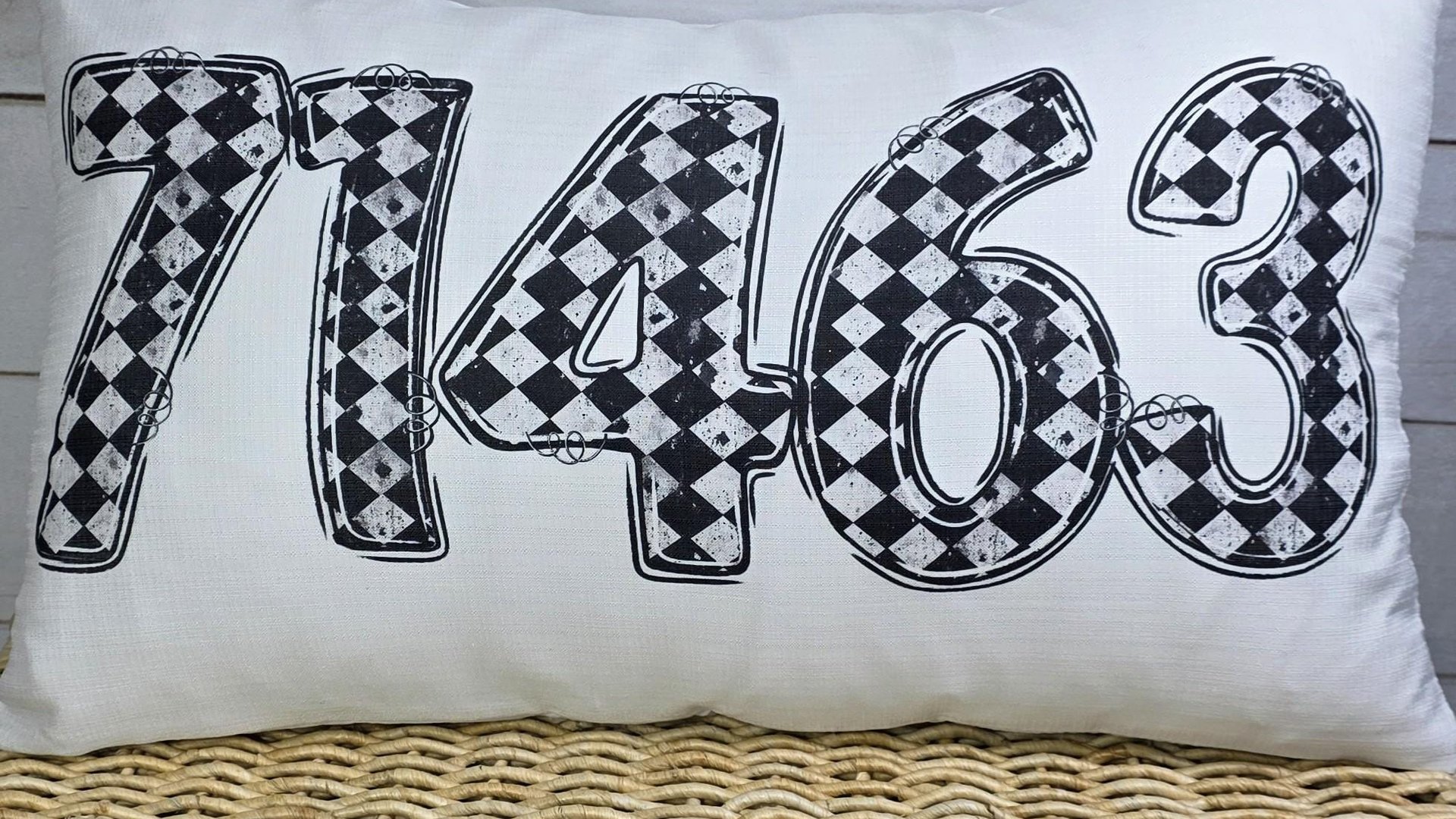 personalized black and white grunge harlequin pillow for dorm, custom zip code lumbar pillow home decor, girly gothic gifts for home, moving