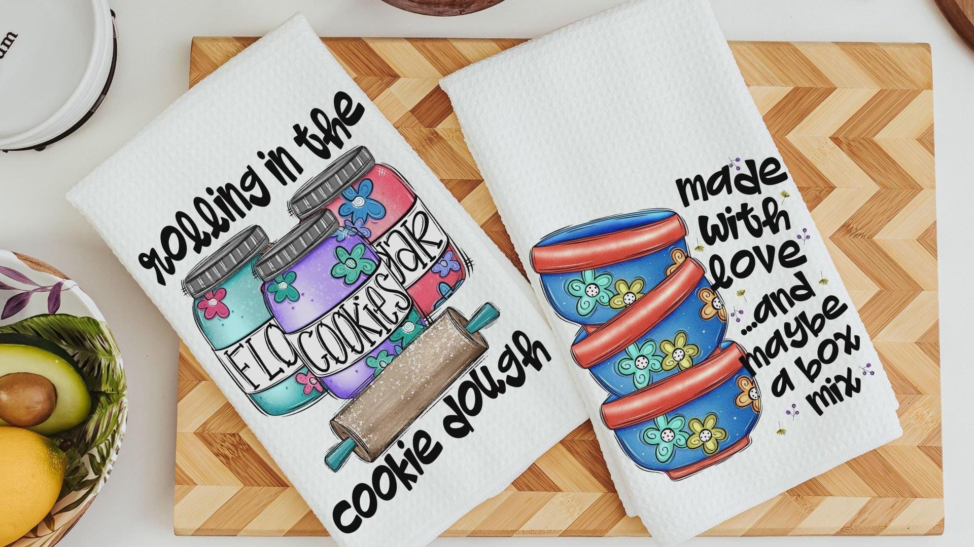 cookie dough kitchen towel for Mom, whimsical kitchen decor, made with love funny baking gifts for women, cookie kitchen linens, rolling in