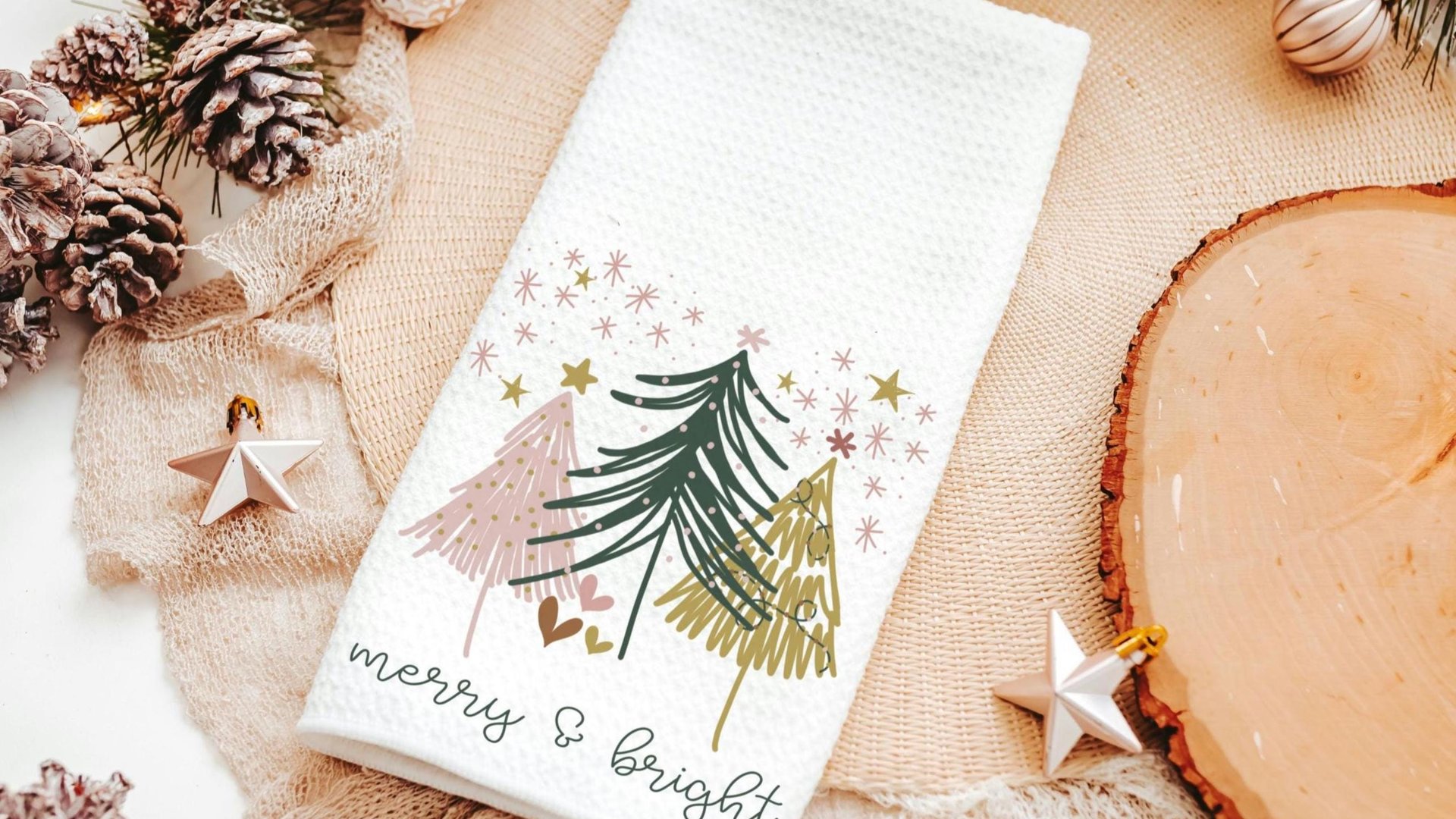 merry and bright kitchen towels for Christmas, blush pink Christmas tree hand towels for church, trending Christmas gifts for neighbors
