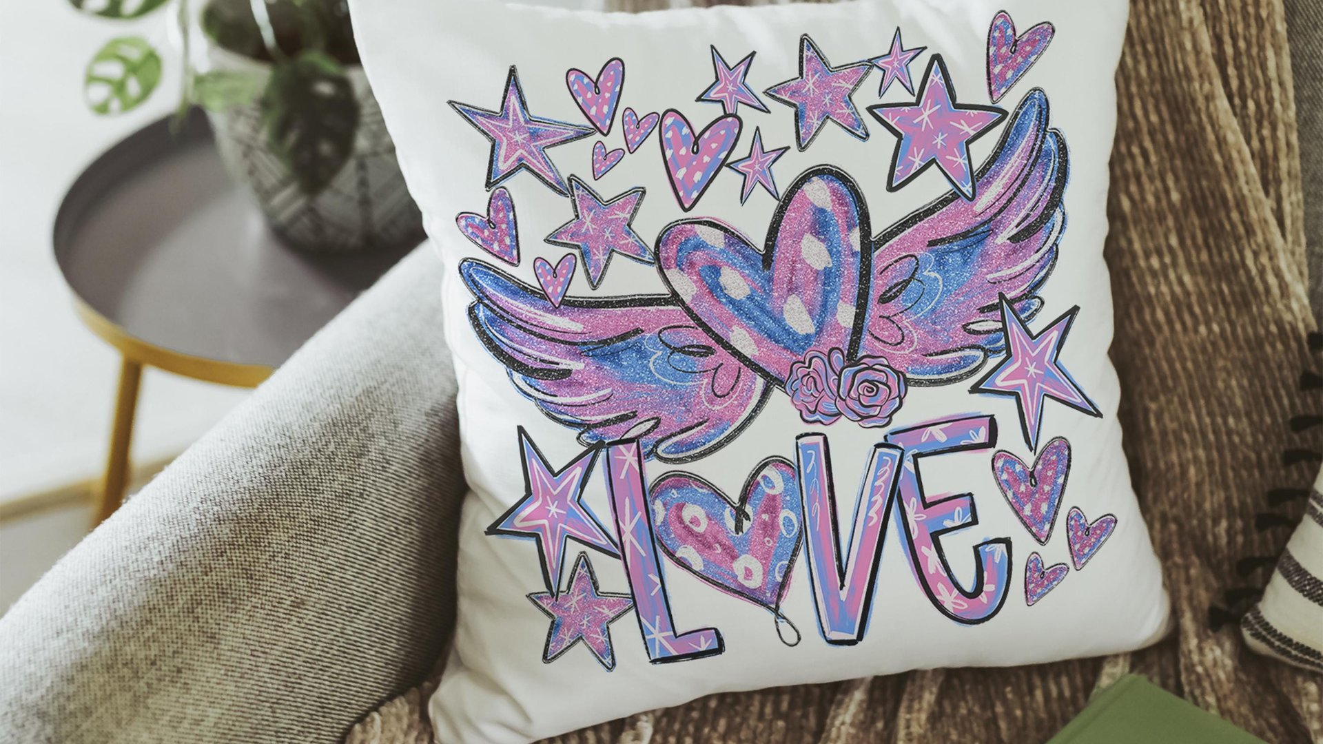 graffiti style love throw pillows for women, winged heart decorative pillows for couch dorm decor, Valentines day best selling gifts Etsy