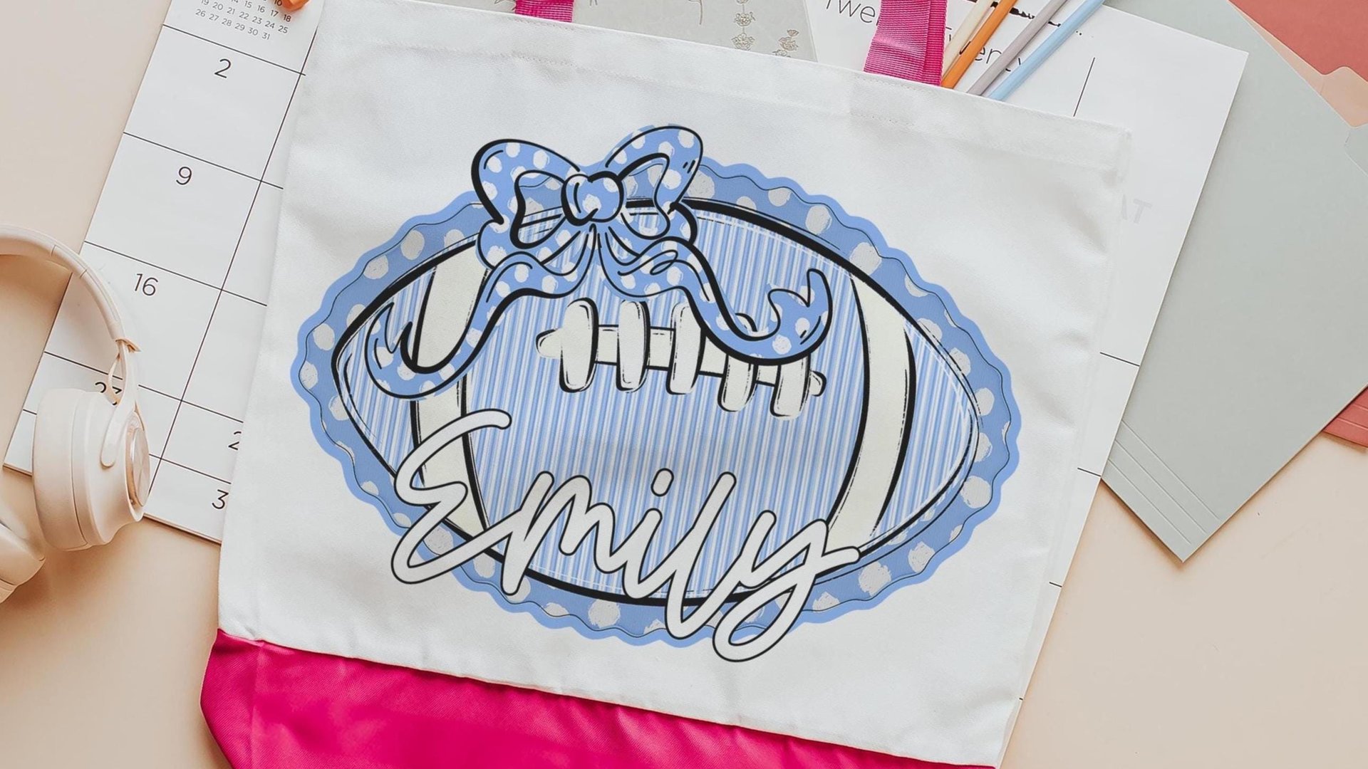 personalized powderpuff football tote bags with name, carolina blue school spirit bags for girls, cheer gifts for besties, cheerleader gifts