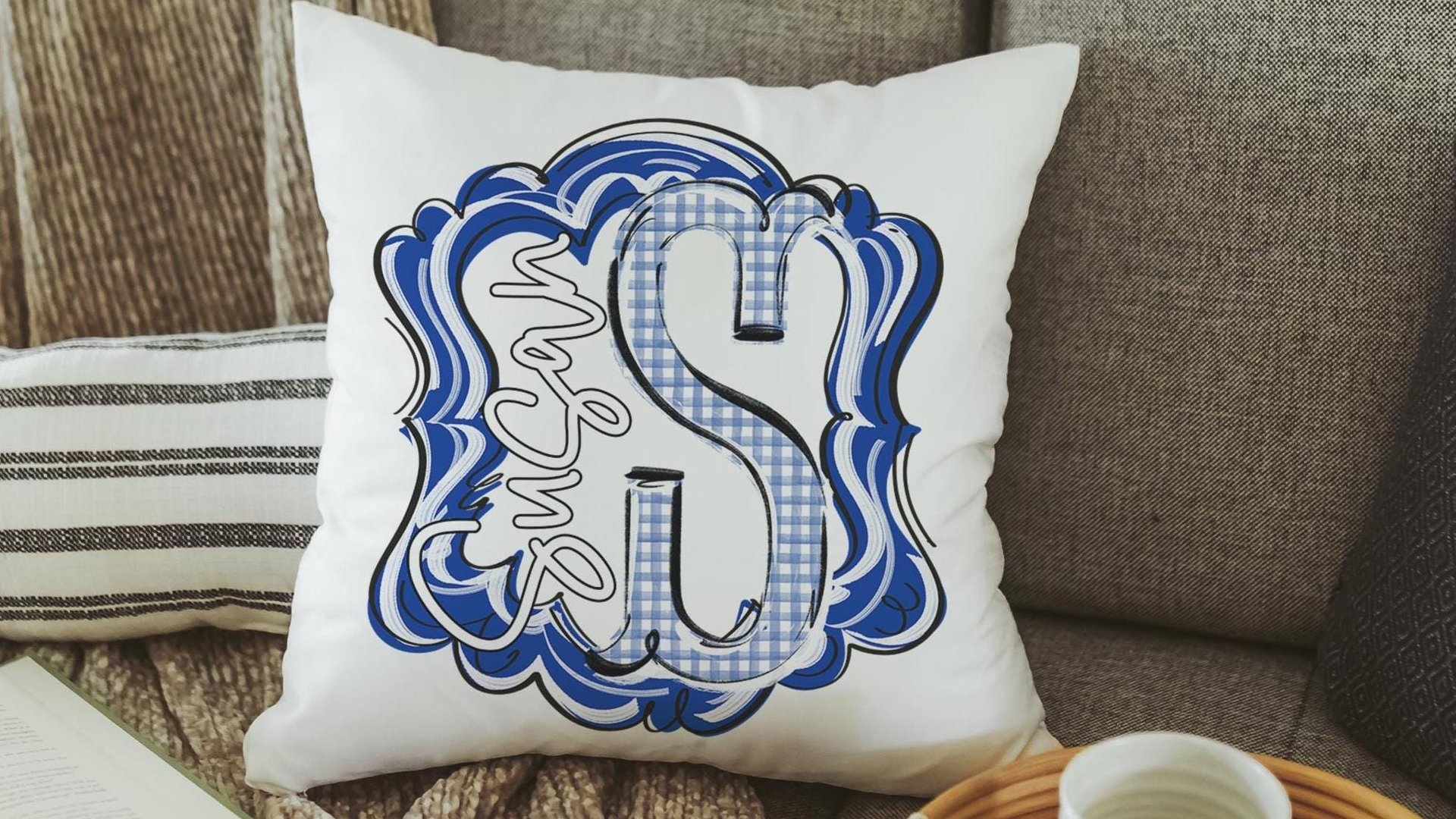 personalized initial throw pillow for couch blue gingham decorative pillows for girls, Carolina blue home decor gift dorm decor, name pillow