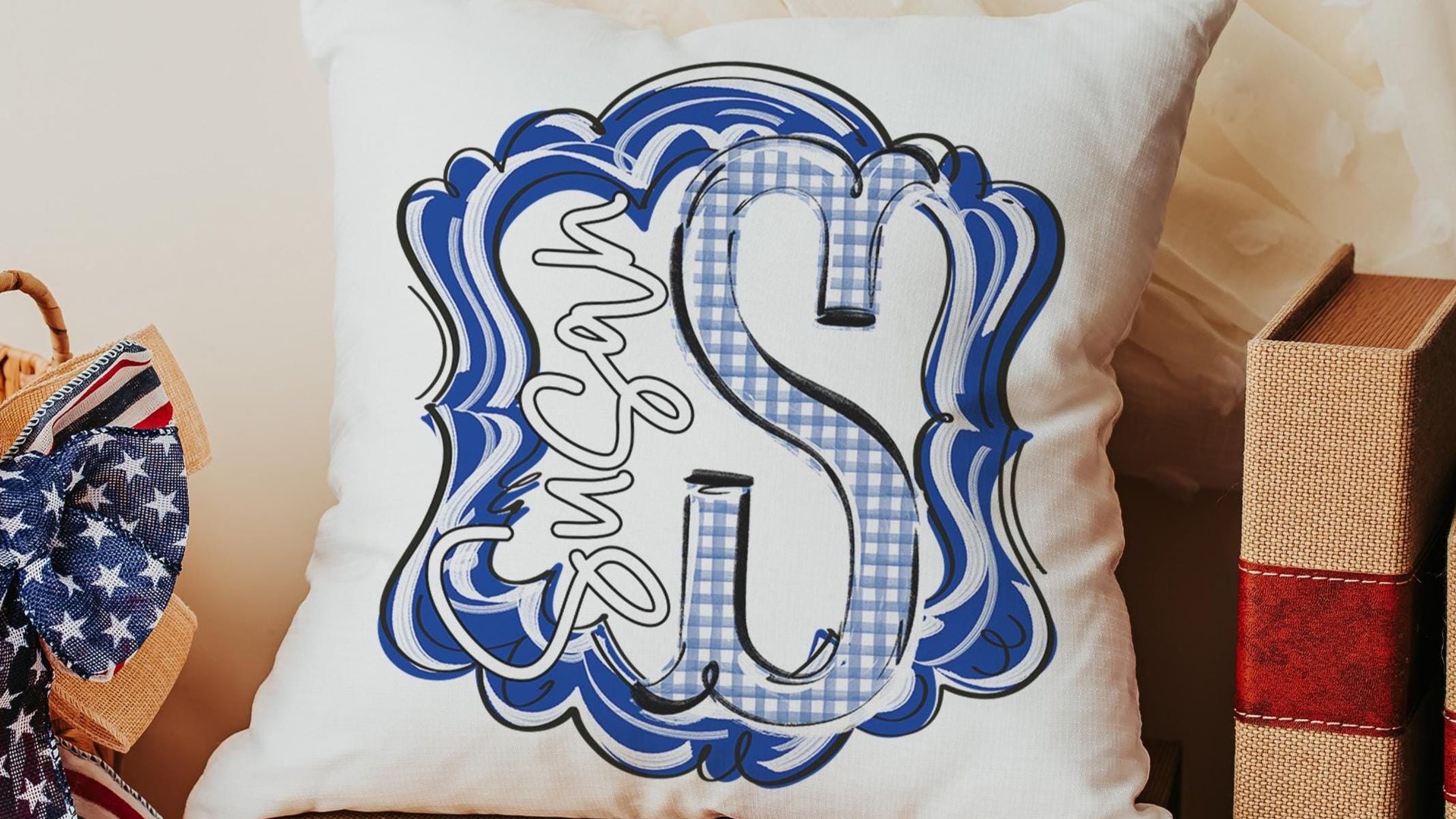 personalized initial throw pillow for couch blue gingham decorative pillows for girls, Carolina blue home decor gift dorm decor, name pillow