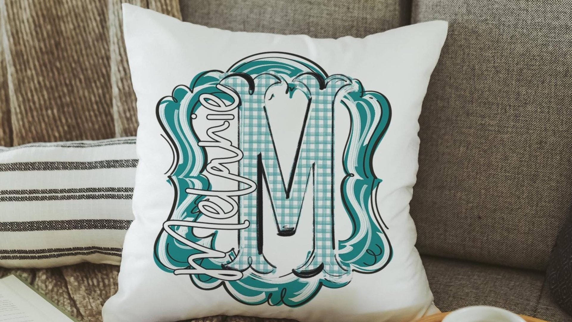 personalized initial throw pillow for couch blue gingham decorative pillows for girls, Carolina blue home decor gift dorm decor, name pillow