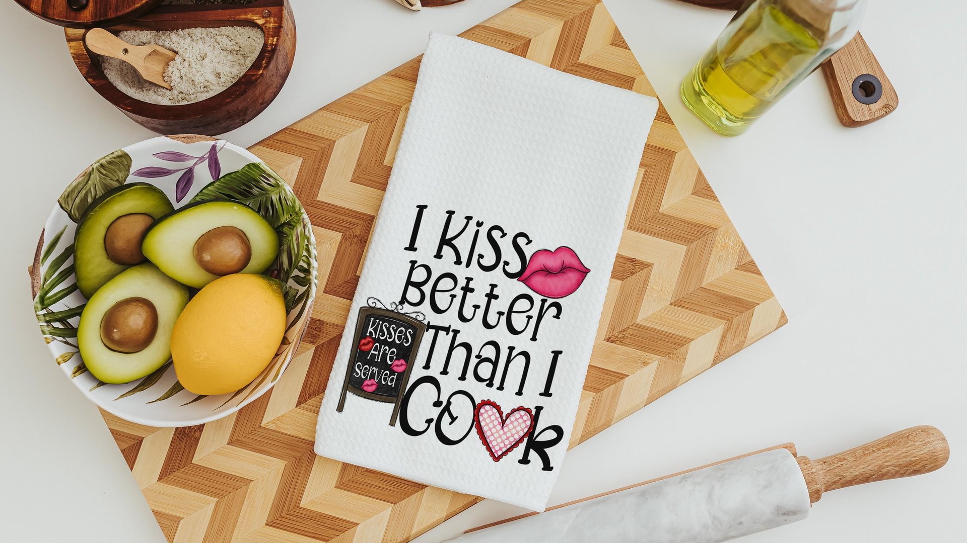 I kiss better than I cook funny kitchen hand towels for wedding gift, Valentines Day kitchen towel for chef, cute Valentines gifts for wife