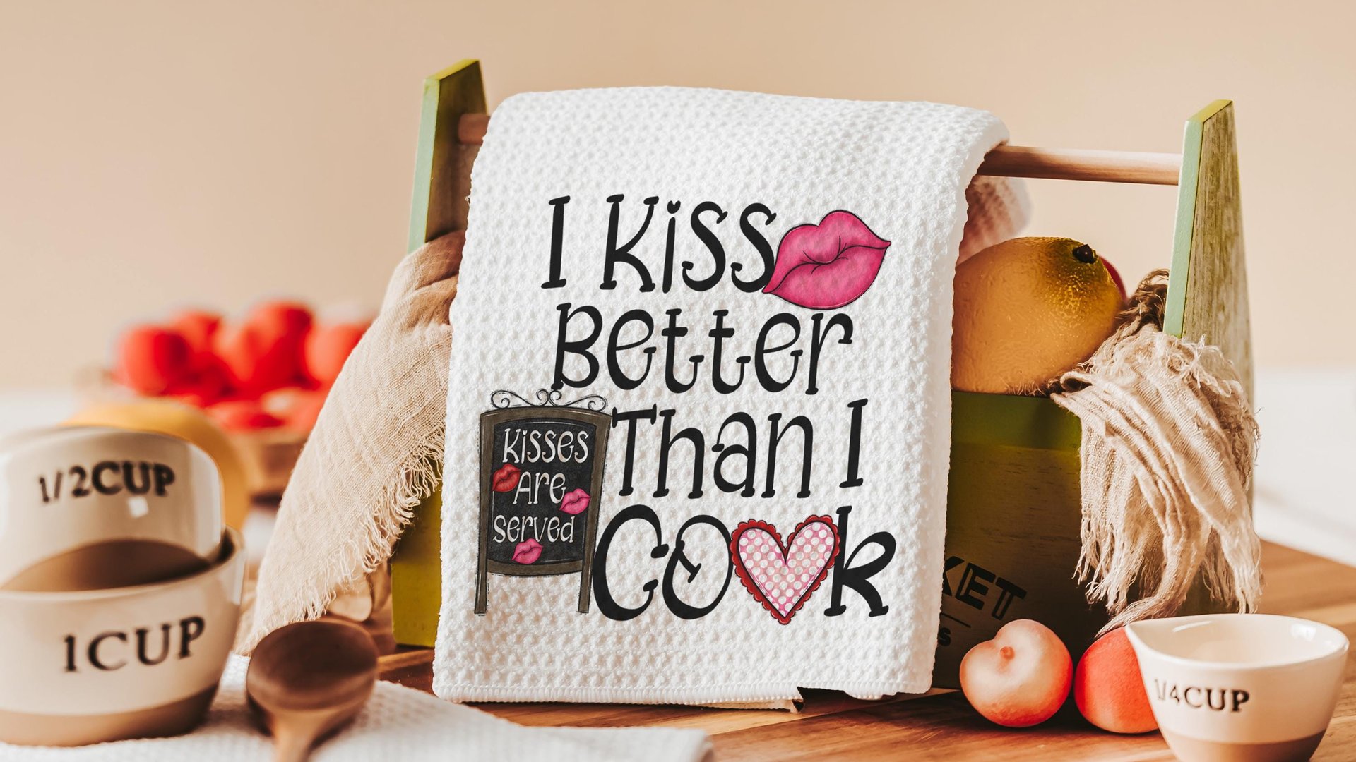 I kiss better than I cook funny kitchen hand towels for wedding gift, Valentines Day kitchen towel for chef, cute Valentines gifts for wife