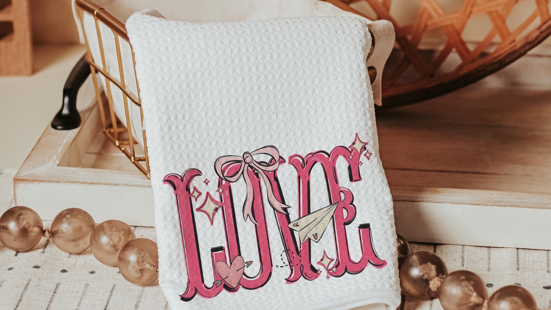 love coquette kitchen towel for Valentines day gifts for girlfriend, preppy Valentines kitchen decor, Galentines day gifts for friends, best