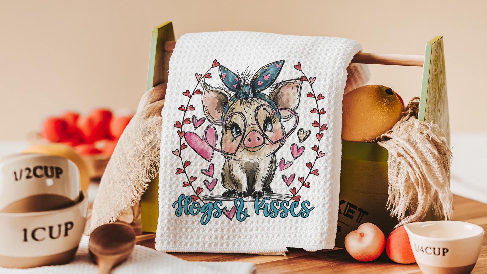 Udderly in love farmhouse cow kitchen towels, hogs and kisses pig gifts for pig lovers, funny Valentines day gifts for her, farm gifts for