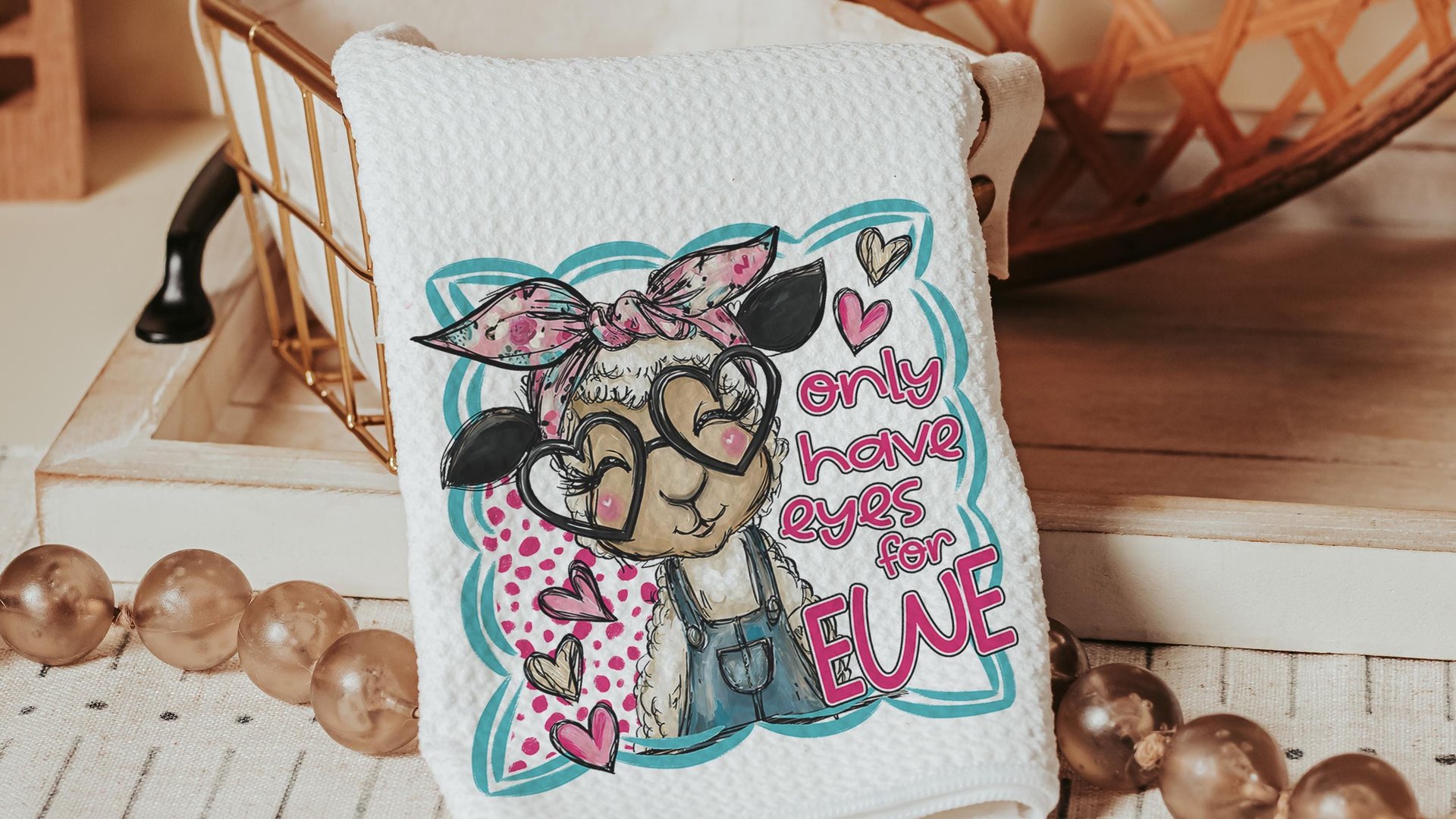 Udderly in love farmhouse cow kitchen towels, hogs and kisses pig gifts for pig lovers, funny Valentines day gifts for her, farm gifts for