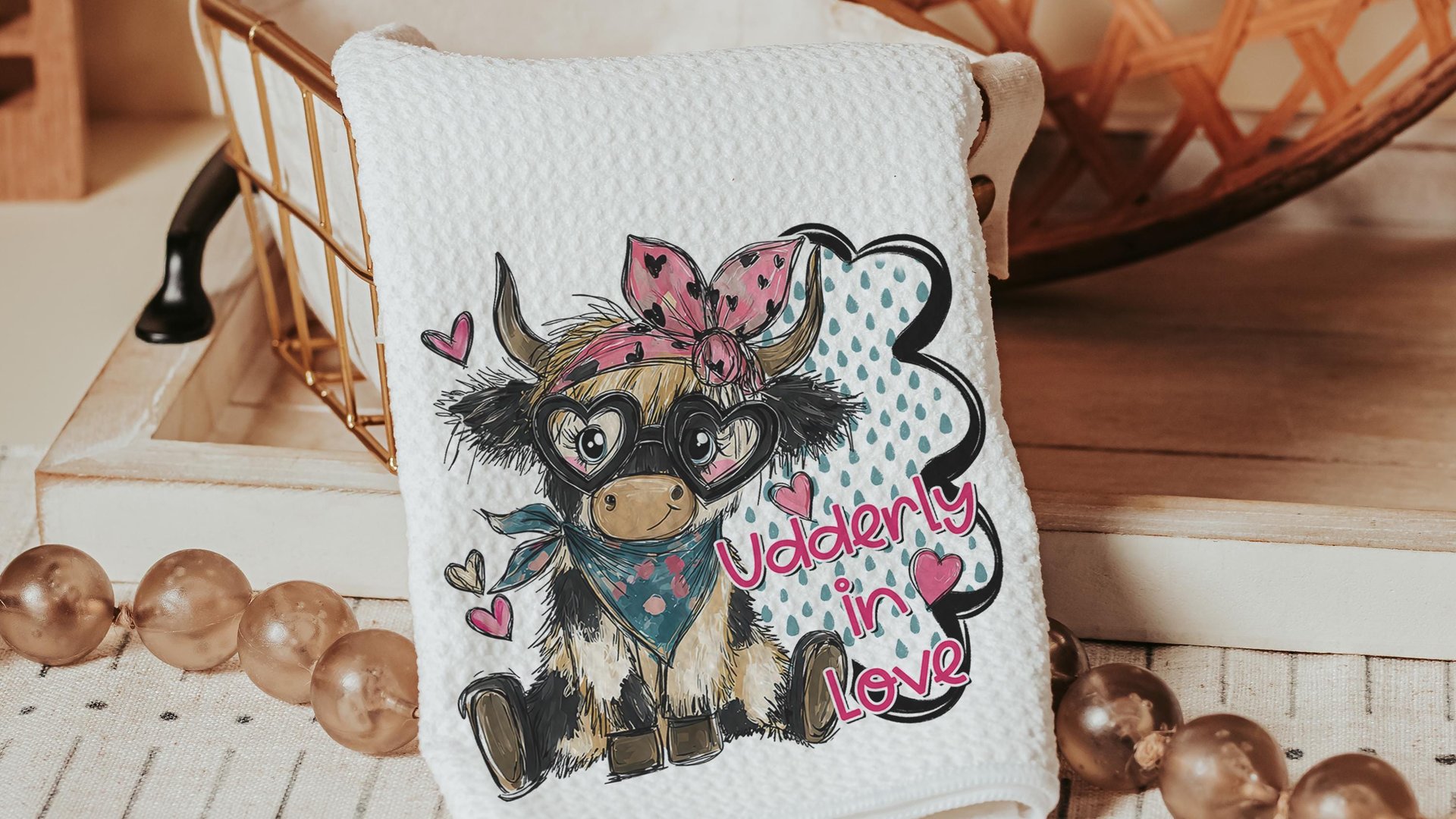 Udderly in love farmhouse cow kitchen towels, hogs and kisses pig gifts for pig lovers, funny Valentines day gifts for her, farm gifts for