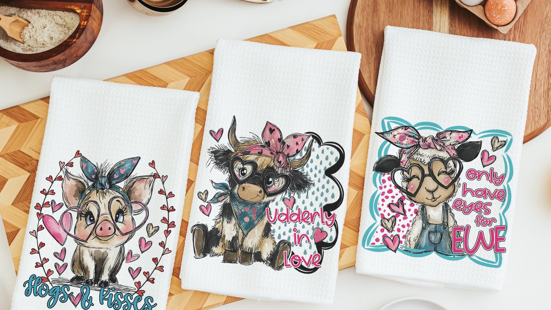 Udderly in love farmhouse cow kitchen towels, hogs and kisses pig gifts for pig lovers, funny Valentines day gifts for her, farm gifts for