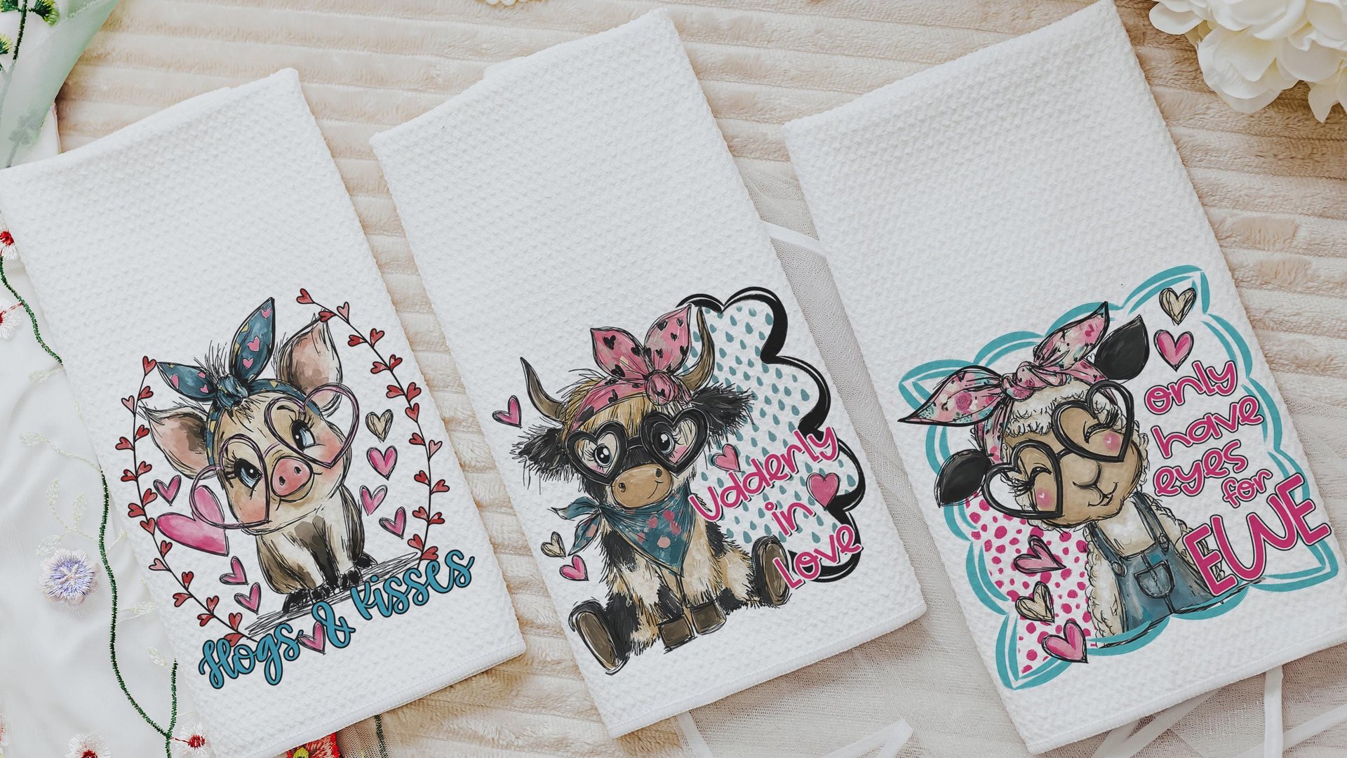 Udderly in love farmhouse cow kitchen towels, hogs and kisses pig gifts for pig lovers, funny Valentines day gifts for her, farm gifts for