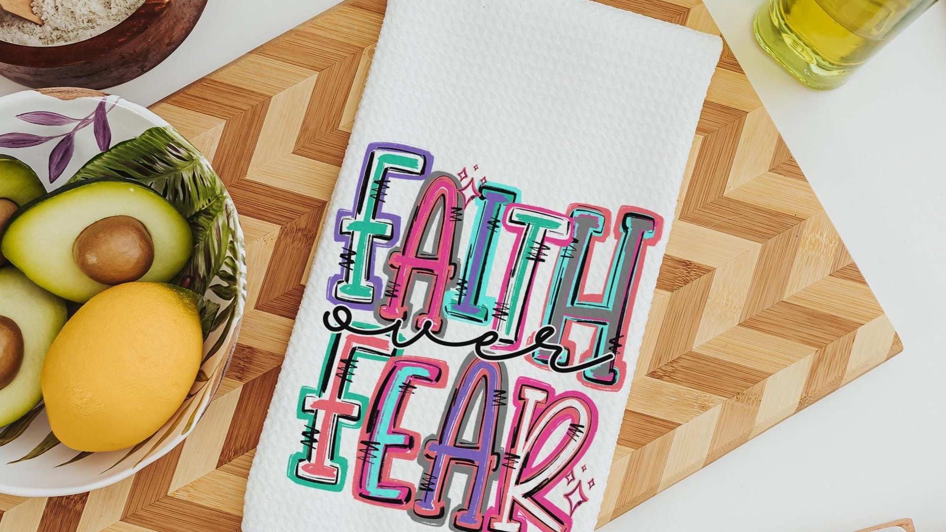 faith over fear Christian kitchen towels for gifts, colorful decorative hand towels for guest bath, faith gifts for sister, Easter hostess