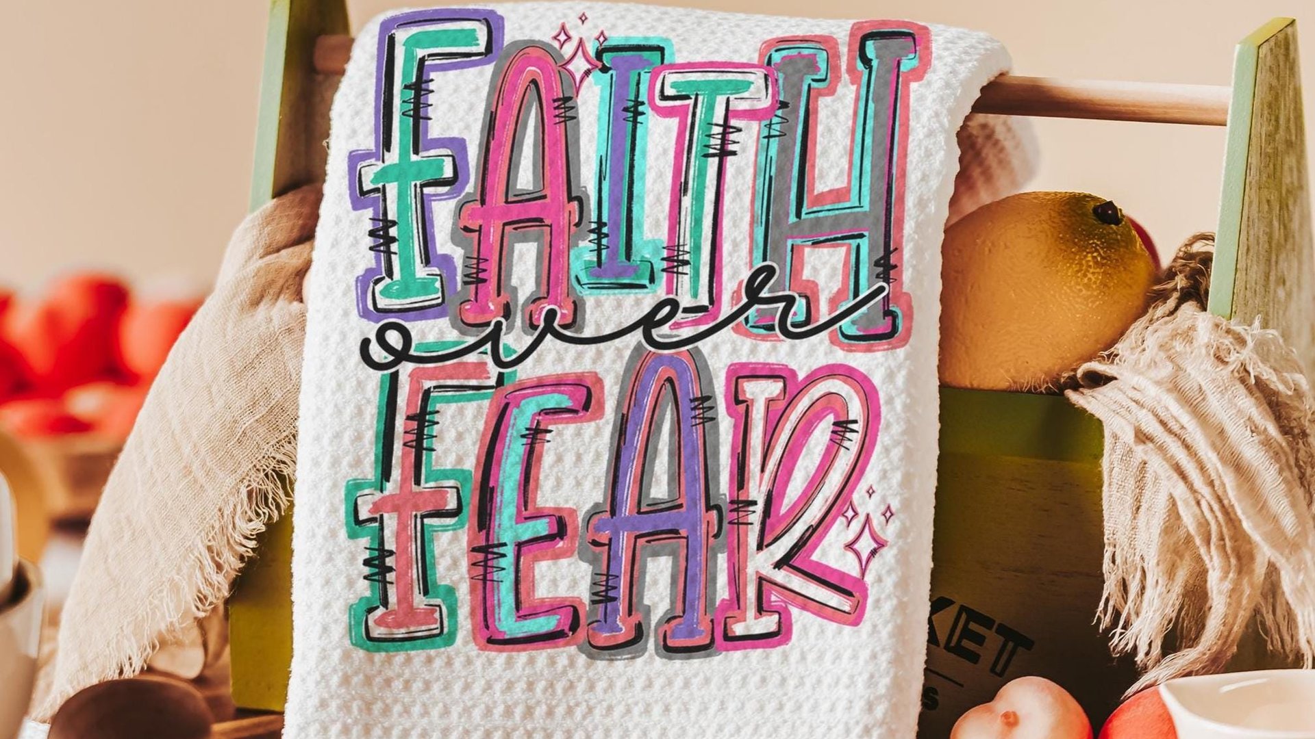 faith over fear Christian kitchen towels for gifts, colorful decorative hand towels for guest bath, faith gifts for sister, Easter hostess