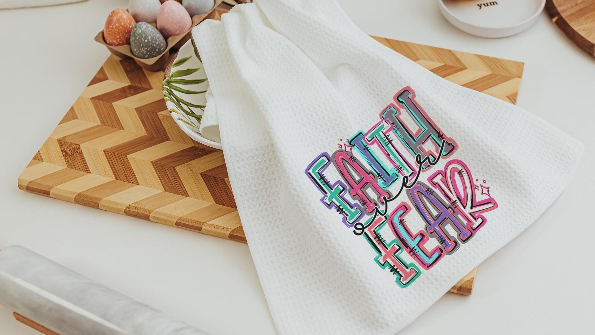 faith over fear Christian kitchen towels for gifts, colorful decorative hand towels for guest bath, faith gifts for sister, Easter hostess