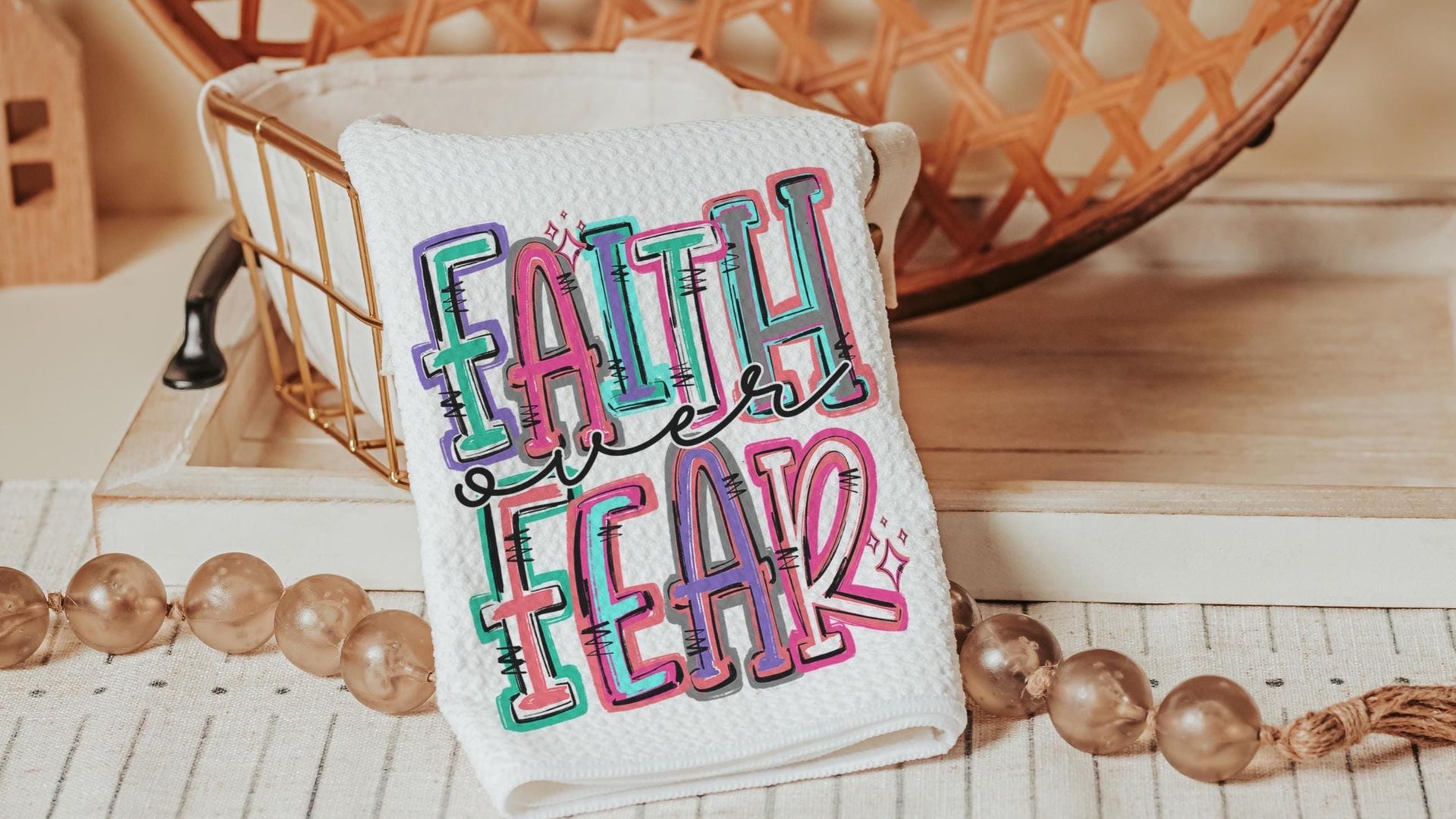 faith over fear Christian kitchen towels for gifts, colorful decorative hand towels for guest bath, faith gifts for sister, Easter hostess
