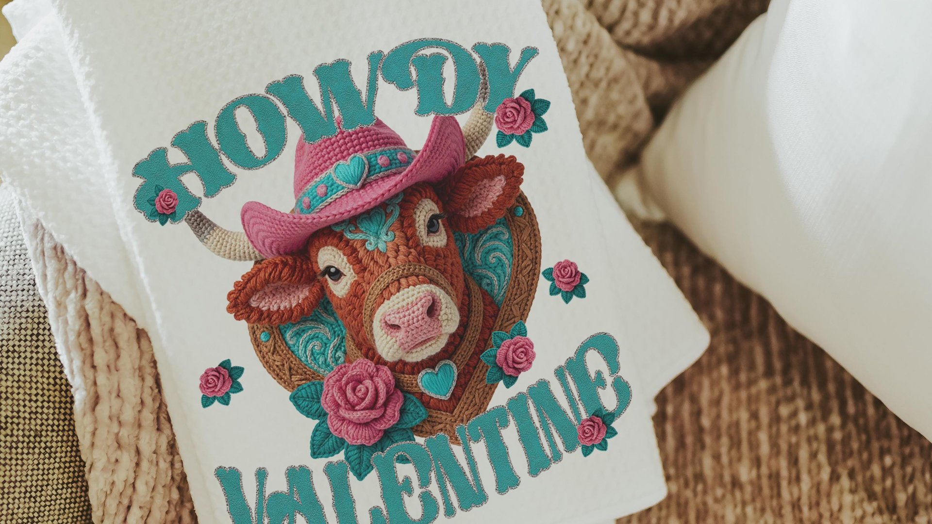 cowgirl Valentines hand towels for besties, cute cow gifts for cow lovers, funny kitchen towels for couples, Howdy Valentines day gifts for