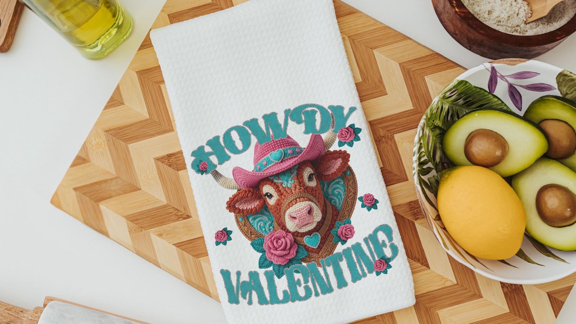 cowgirl Valentines hand towels for besties, cute cow gifts for cow lovers, funny kitchen towels for couples, Howdy Valentines day gifts for