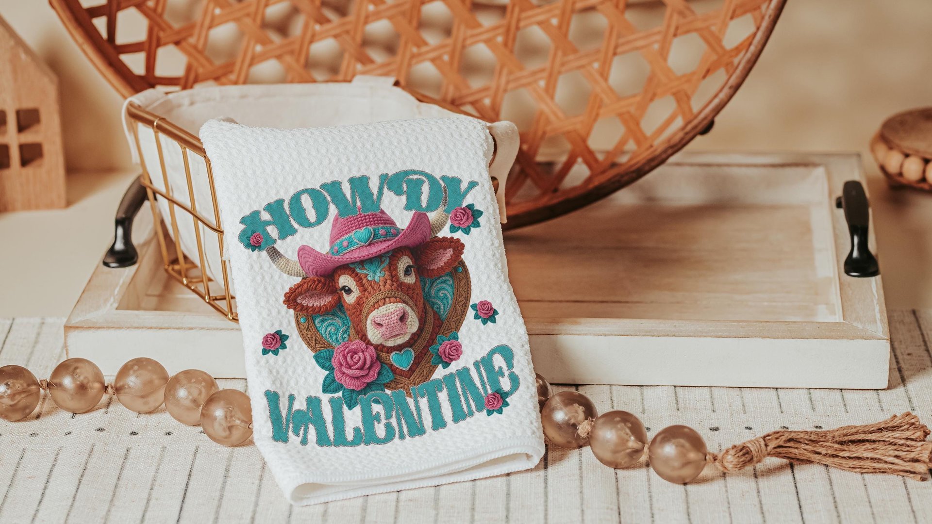 cowgirl Valentines hand towels for besties, cute cow gifts for cow lovers, funny kitchen towels for couples, Howdy Valentines day gifts for