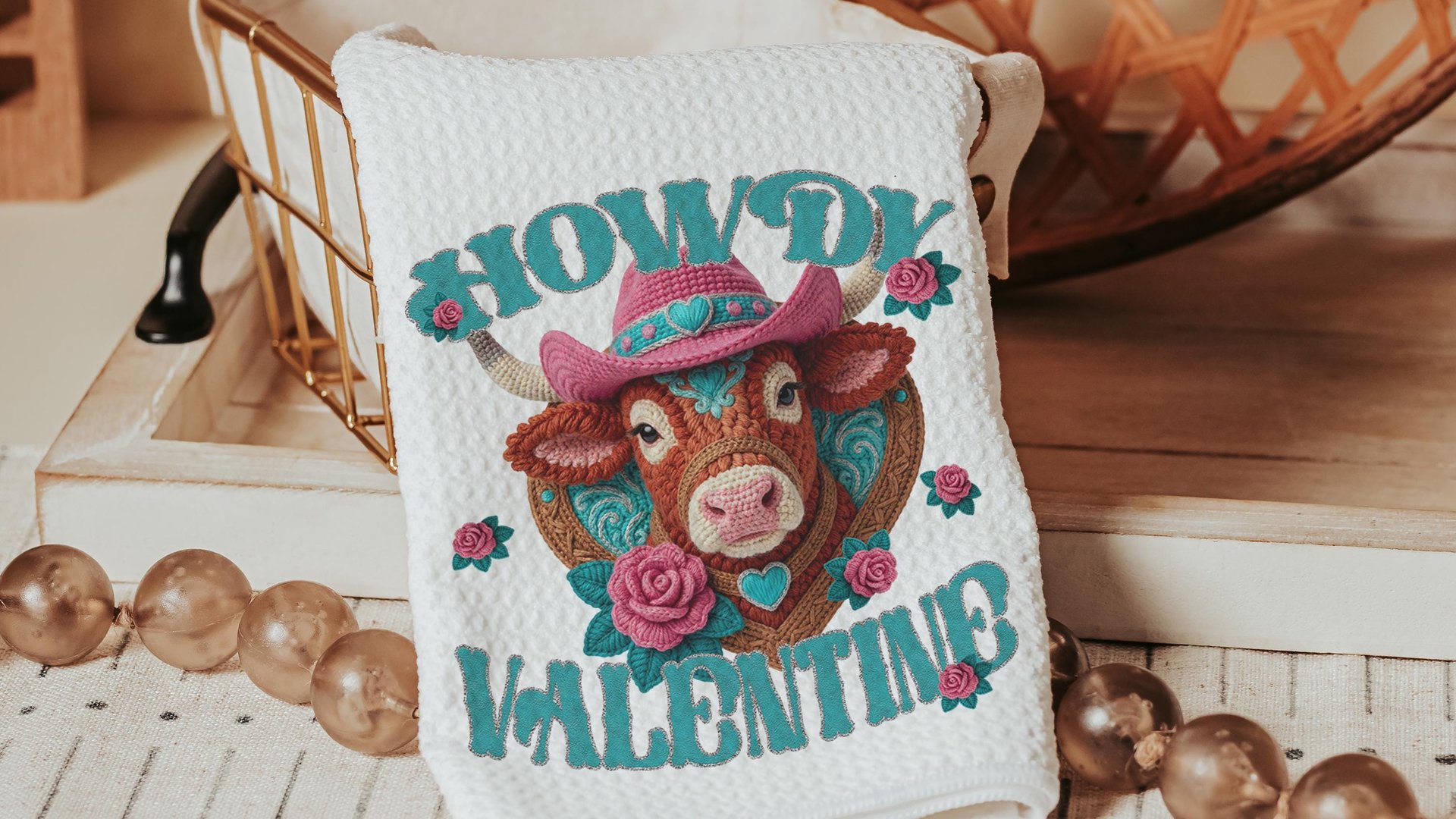 cowgirl Valentines hand towels for besties, cute cow gifts for cow lovers, funny kitchen towels for couples, Howdy Valentines day gifts for