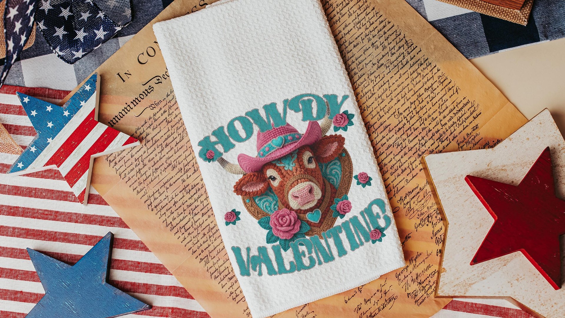 cowgirl Valentines hand towels for besties, cute cow gifts for cow lovers, funny kitchen towels for couples, Howdy Valentines day gifts for